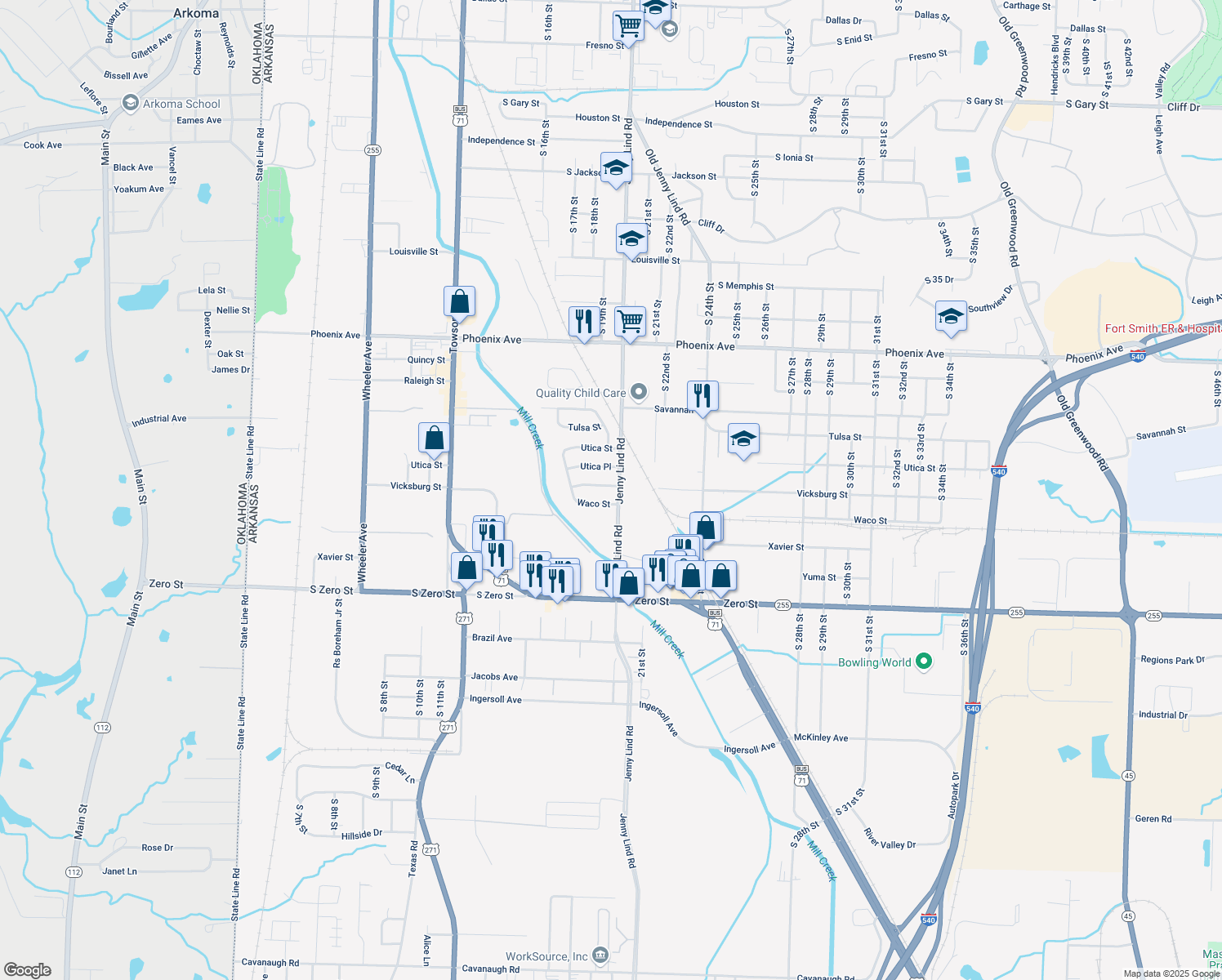 map of restaurants, bars, coffee shops, grocery stores, and more near 1916 Vicksburg Street in Fort Smith