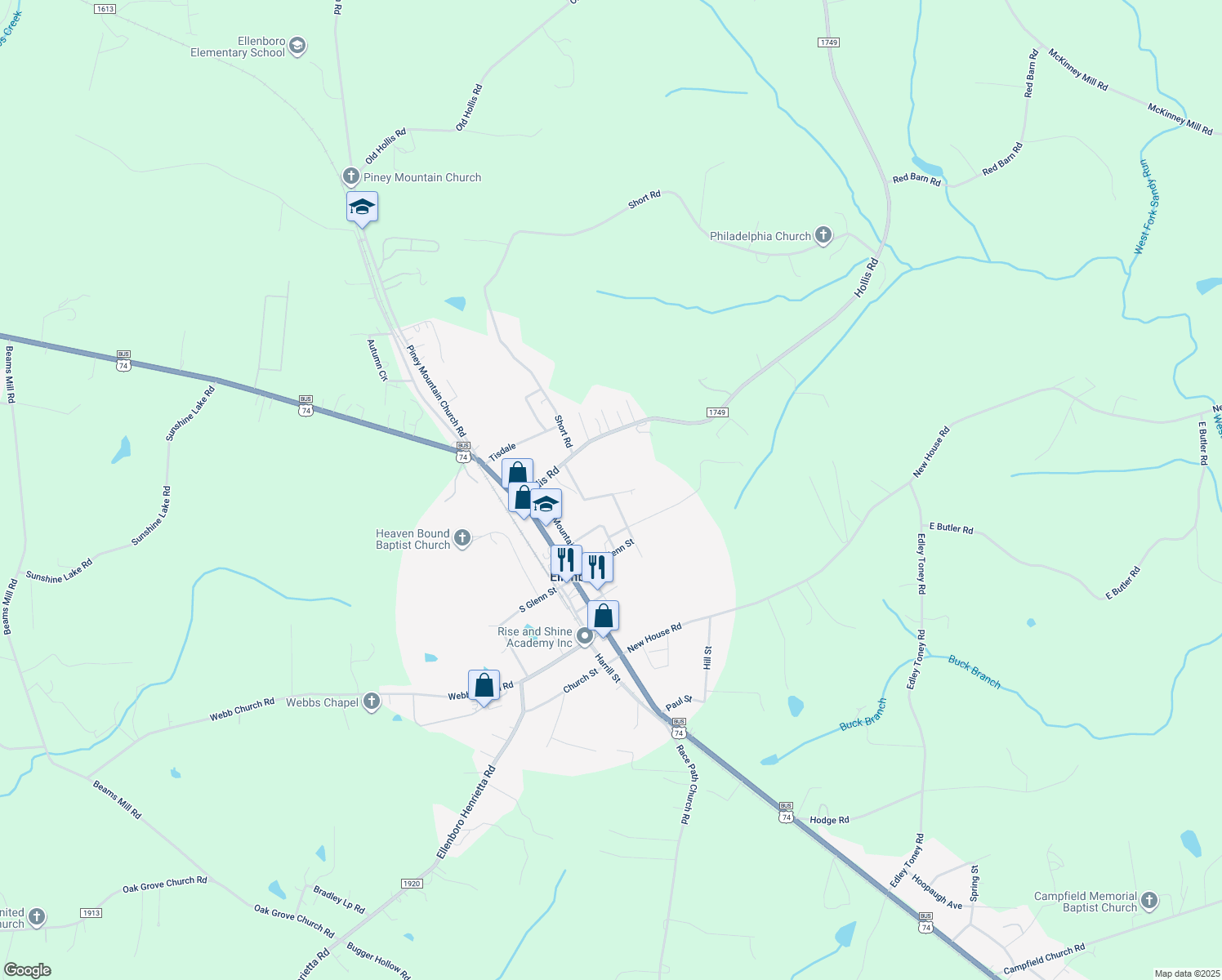 map of restaurants, bars, coffee shops, grocery stores, and more near 211 Heigh Street in Ellenboro