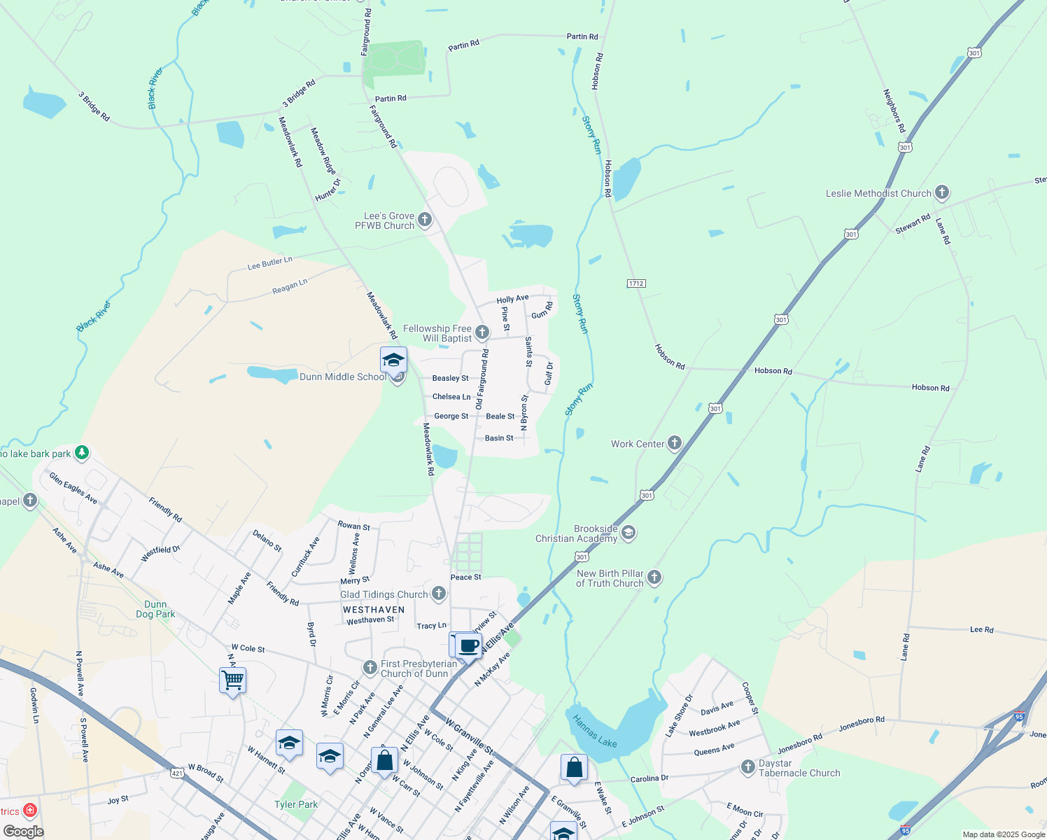 map of restaurants, bars, coffee shops, grocery stores, and more near North Byron Street in Dunn