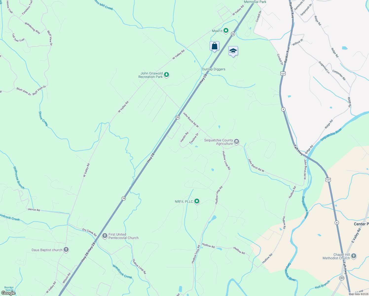 map of restaurants, bars, coffee shops, grocery stores, and more near 452 Hardin Road in Dunlap