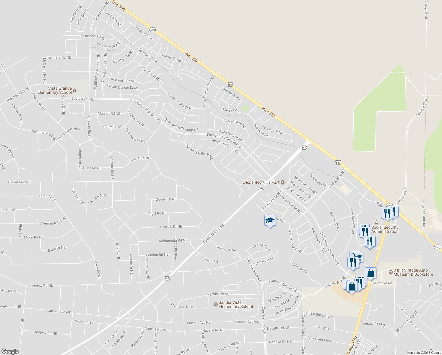 map of restaurants, bars, coffee shops, grocery stores, and more near 6844 Augusta Hills Drive Northeast in Rio Rancho