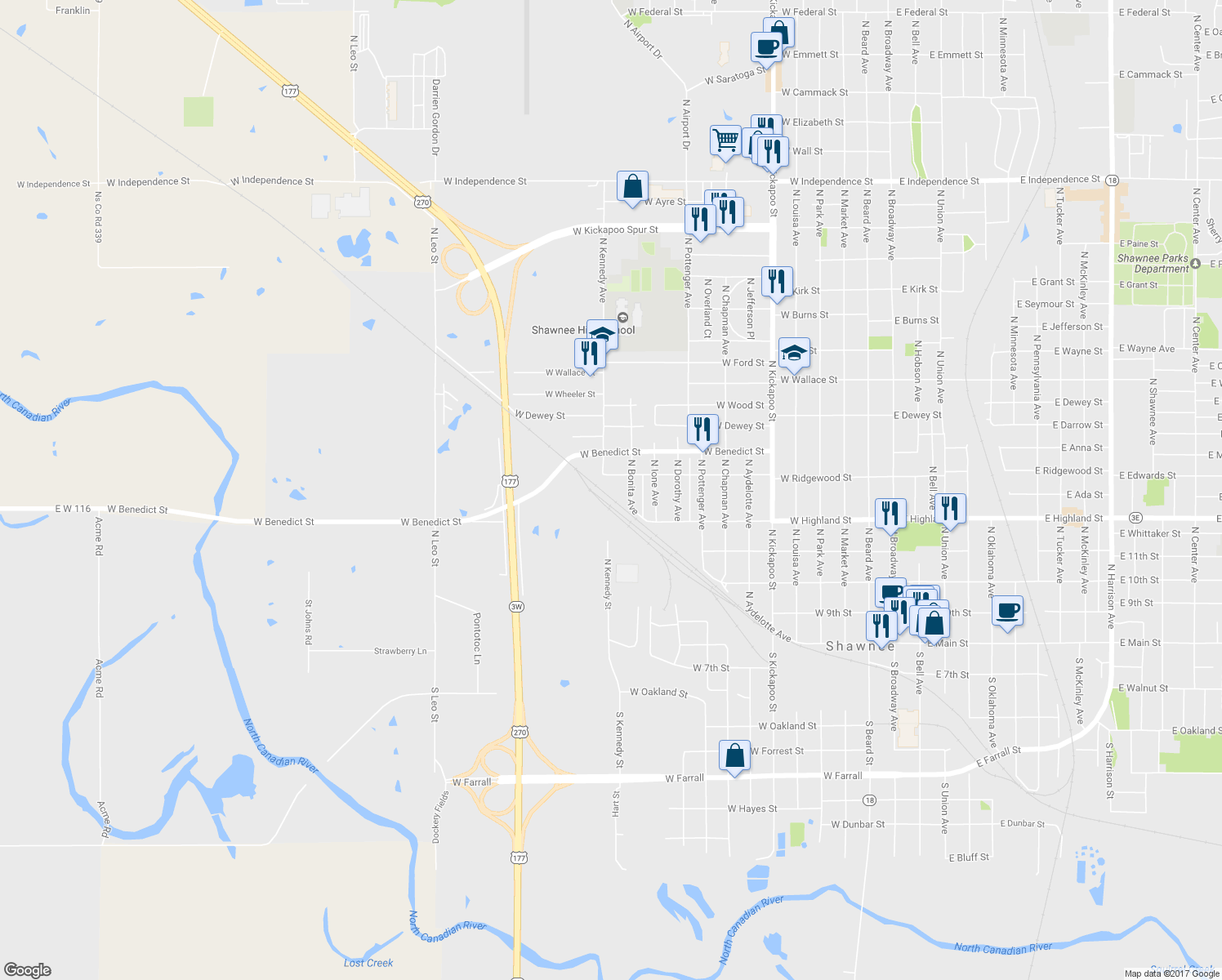 map of restaurants, bars, coffee shops, grocery stores, and more near 504 North Bonita Avenue in Shawnee