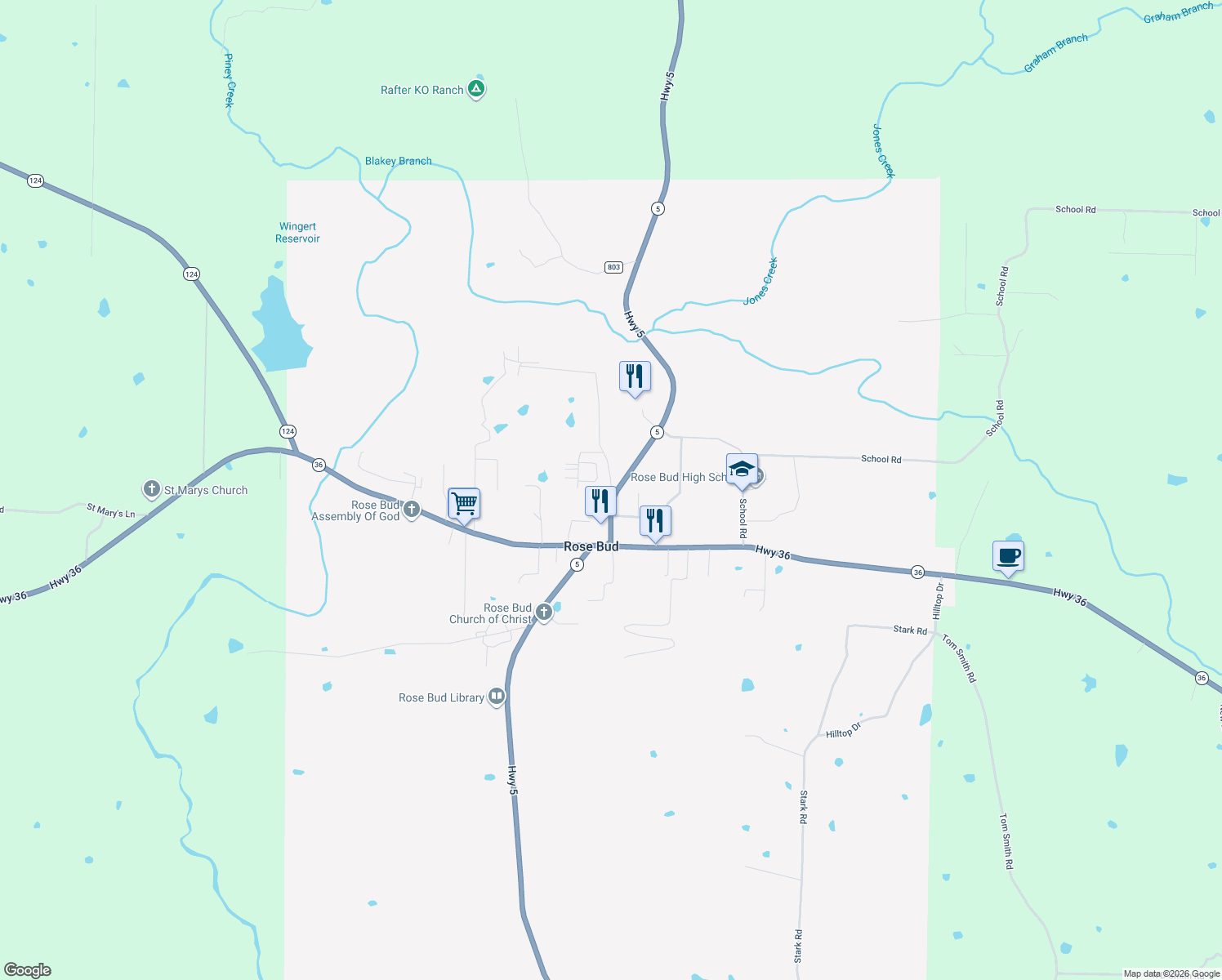 map of restaurants, bars, coffee shops, grocery stores, and more near 103 Dogwood Trail in Rose Bud
