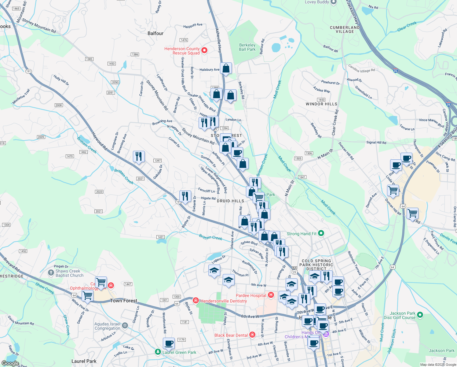 map of restaurants, bars, coffee shops, grocery stores, and more near 1809 Meadowbrook Terrace in Hendersonville