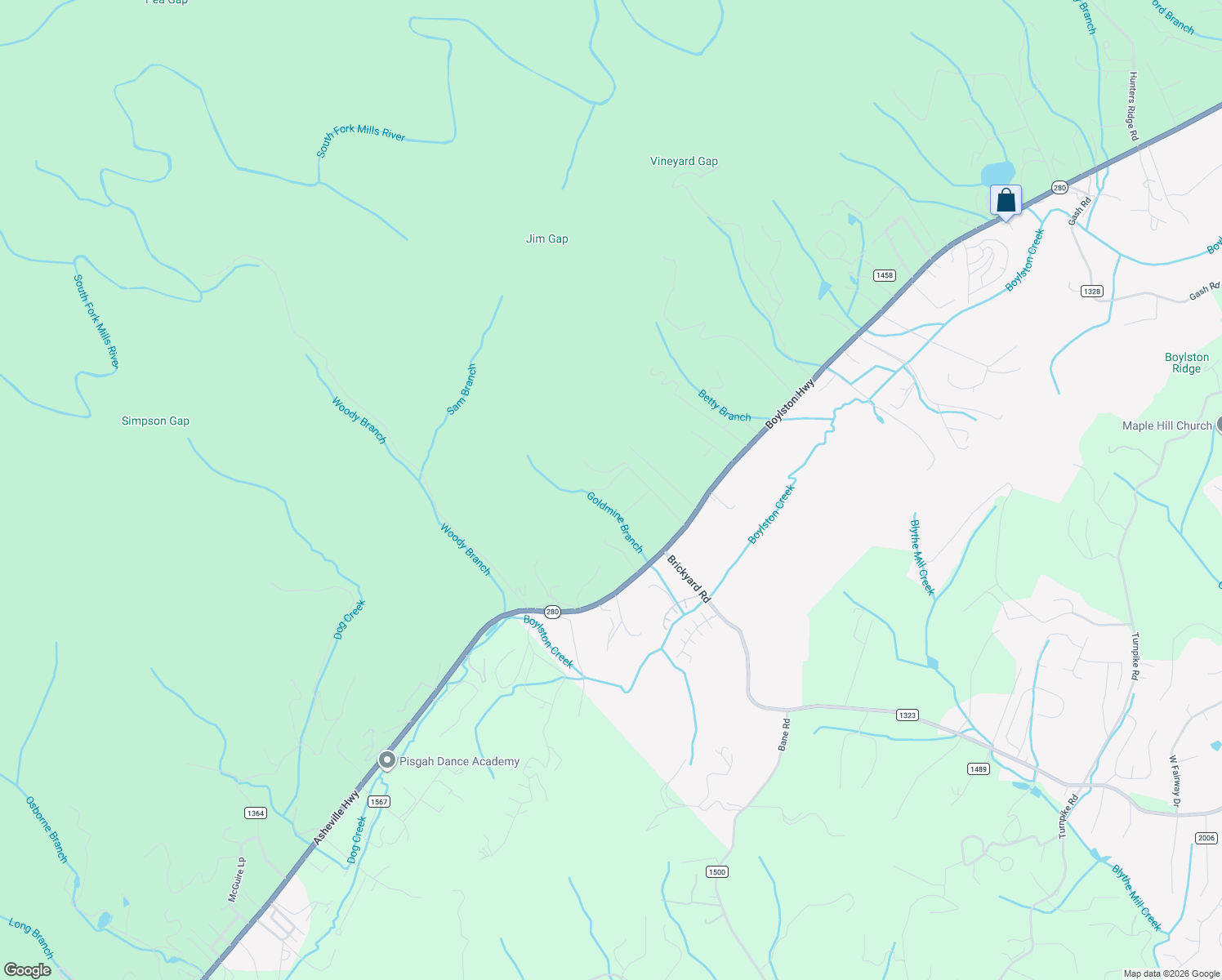 map of restaurants, bars, coffee shops, grocery stores, and more near 221 Beckett Drive in Mills River