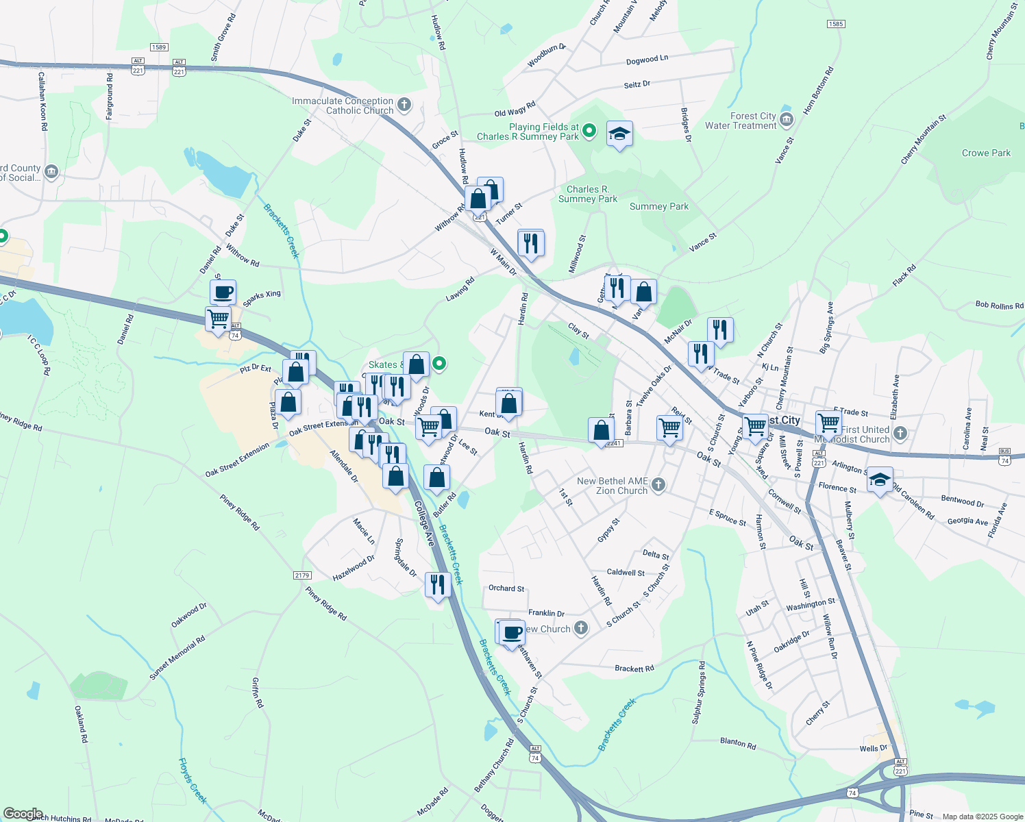 map of restaurants, bars, coffee shops, grocery stores, and more near 108 Kent Drive in Forest City