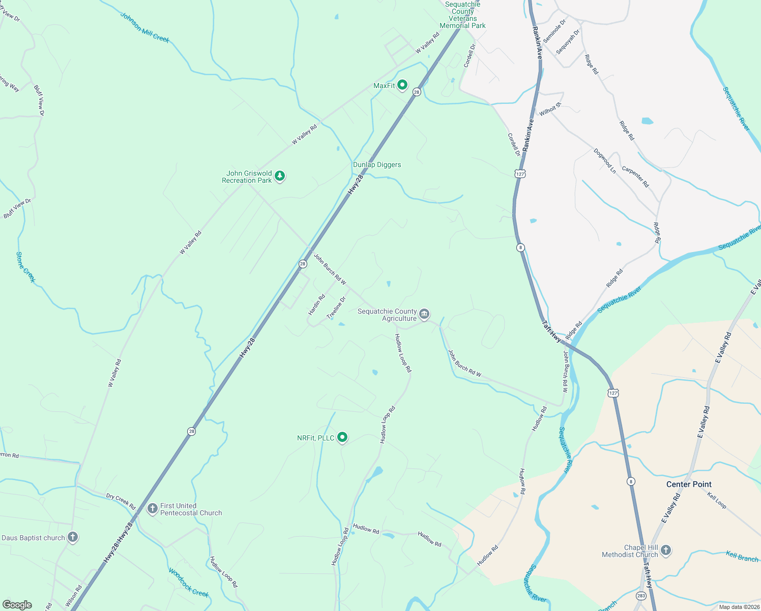 map of restaurants, bars, coffee shops, grocery stores, and more near 846 John Burch Road West in Dunlap