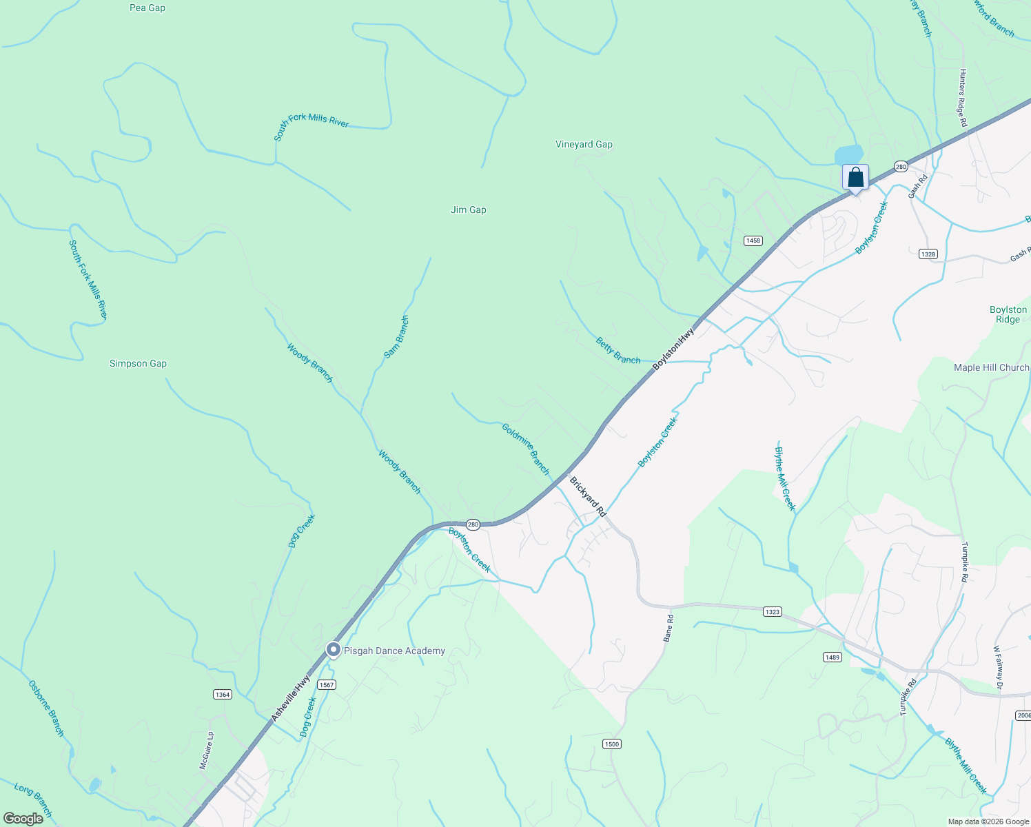 map of restaurants, bars, coffee shops, grocery stores, and more near 221 Beckett Drive in Mills River