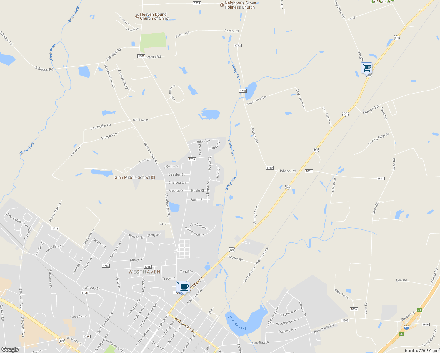 map of restaurants, bars, coffee shops, grocery stores, and more near 121 Gulf Drive in Dunn