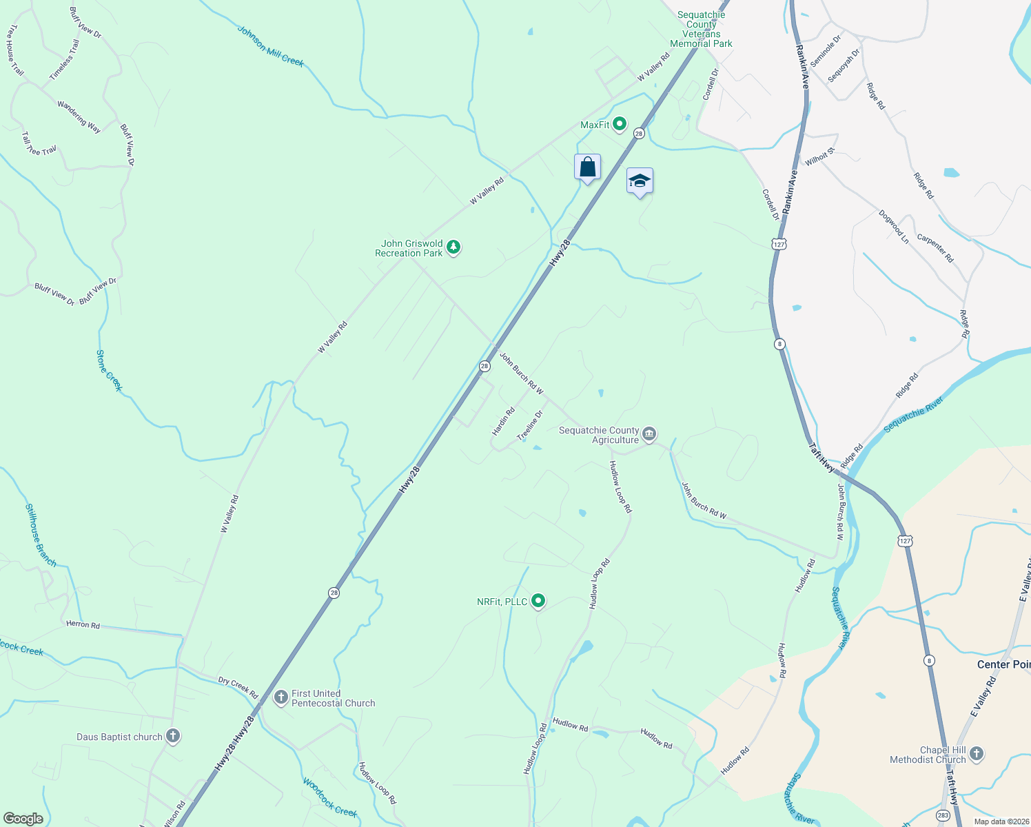 map of restaurants, bars, coffee shops, grocery stores, and more near 12 Applewood Lane in Dunlap