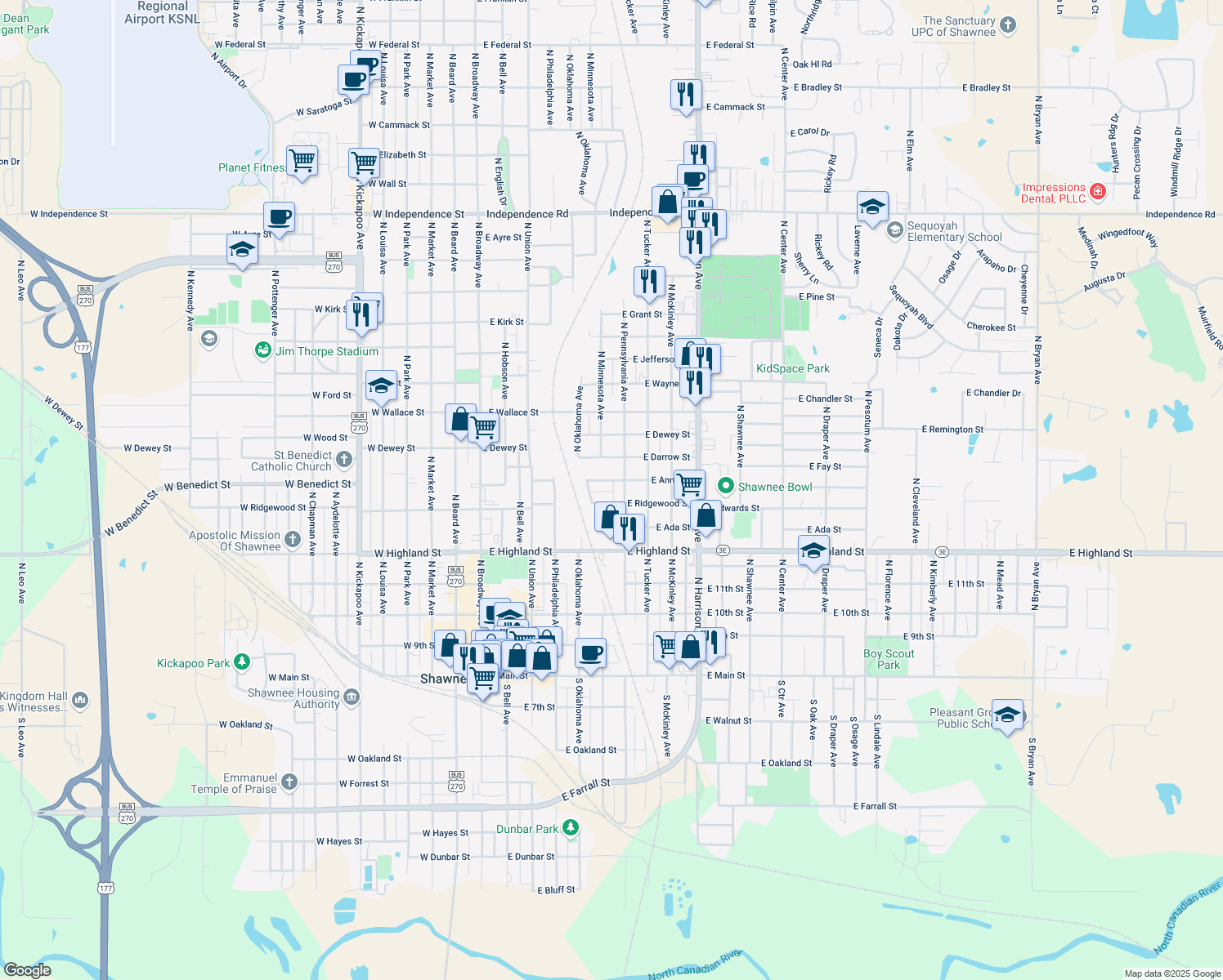 map of restaurants, bars, coffee shops, grocery stores, and more near 527 E Anna St in Shawnee