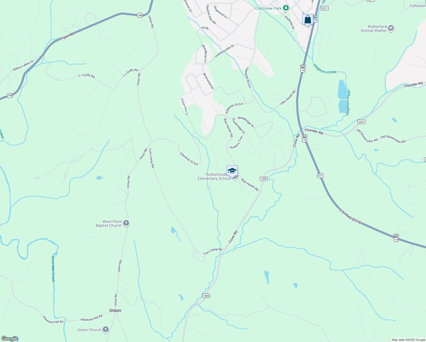 map of restaurants, bars, coffee shops, grocery stores, and more near 280 Jonas Sims Road in Rutherfordton