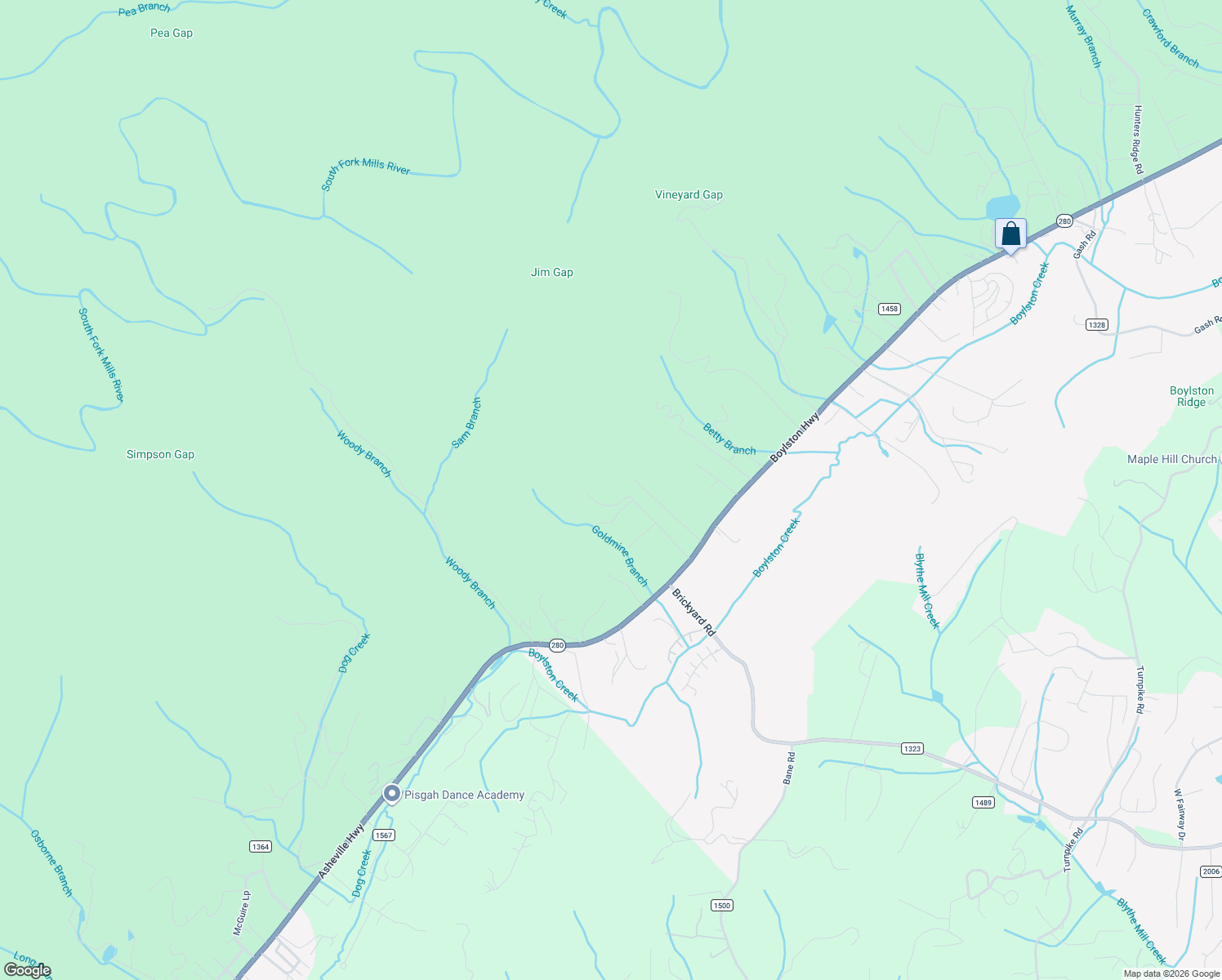 map of restaurants, bars, coffee shops, grocery stores, and more near 70 Deep Woods Road in Mills River