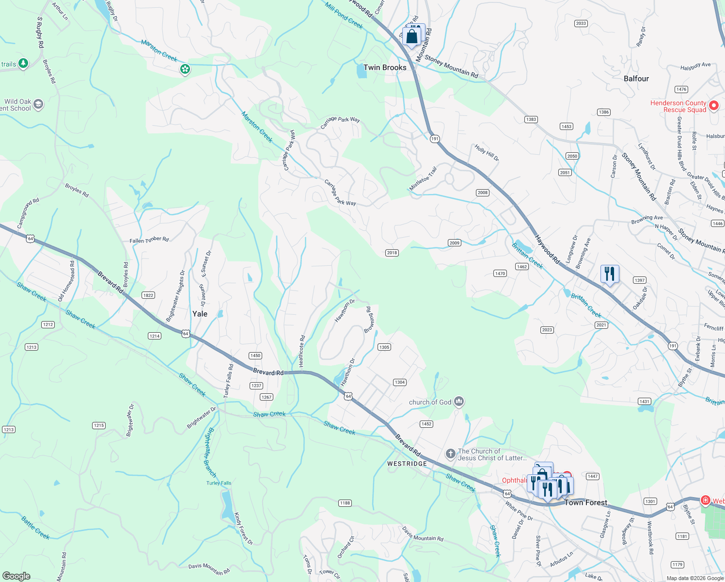 map of restaurants, bars, coffee shops, grocery stores, and more near 306 Browning Road in Hendersonville