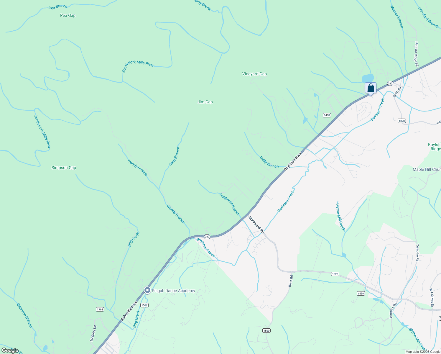 map of restaurants, bars, coffee shops, grocery stores, and more near 70 Deep Woods Road in Mills River