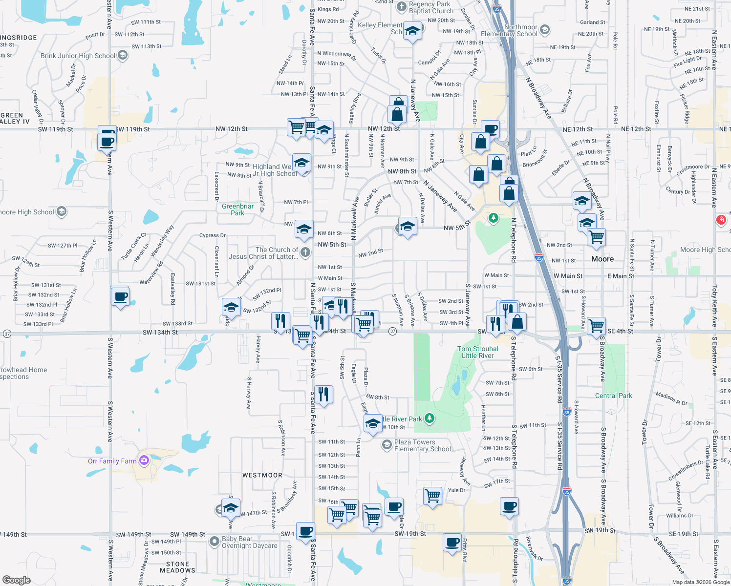 map of restaurants, bars, coffee shops, grocery stores, and more near 936 SW 1st St in Moore