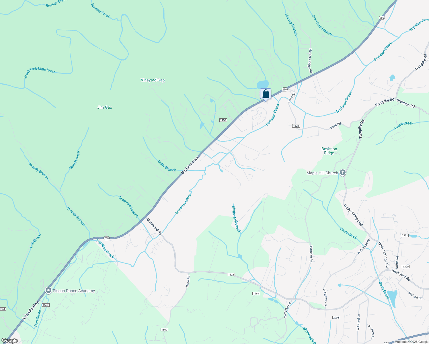 map of restaurants, bars, coffee shops, grocery stores, and more near 172 Mountain Magnolia Lane in Mills River