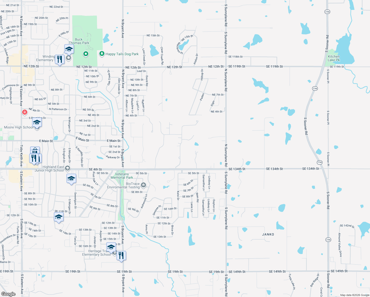 map of restaurants, bars, coffee shops, grocery stores, and more near 200 S Olde Bridge Rd in Moore