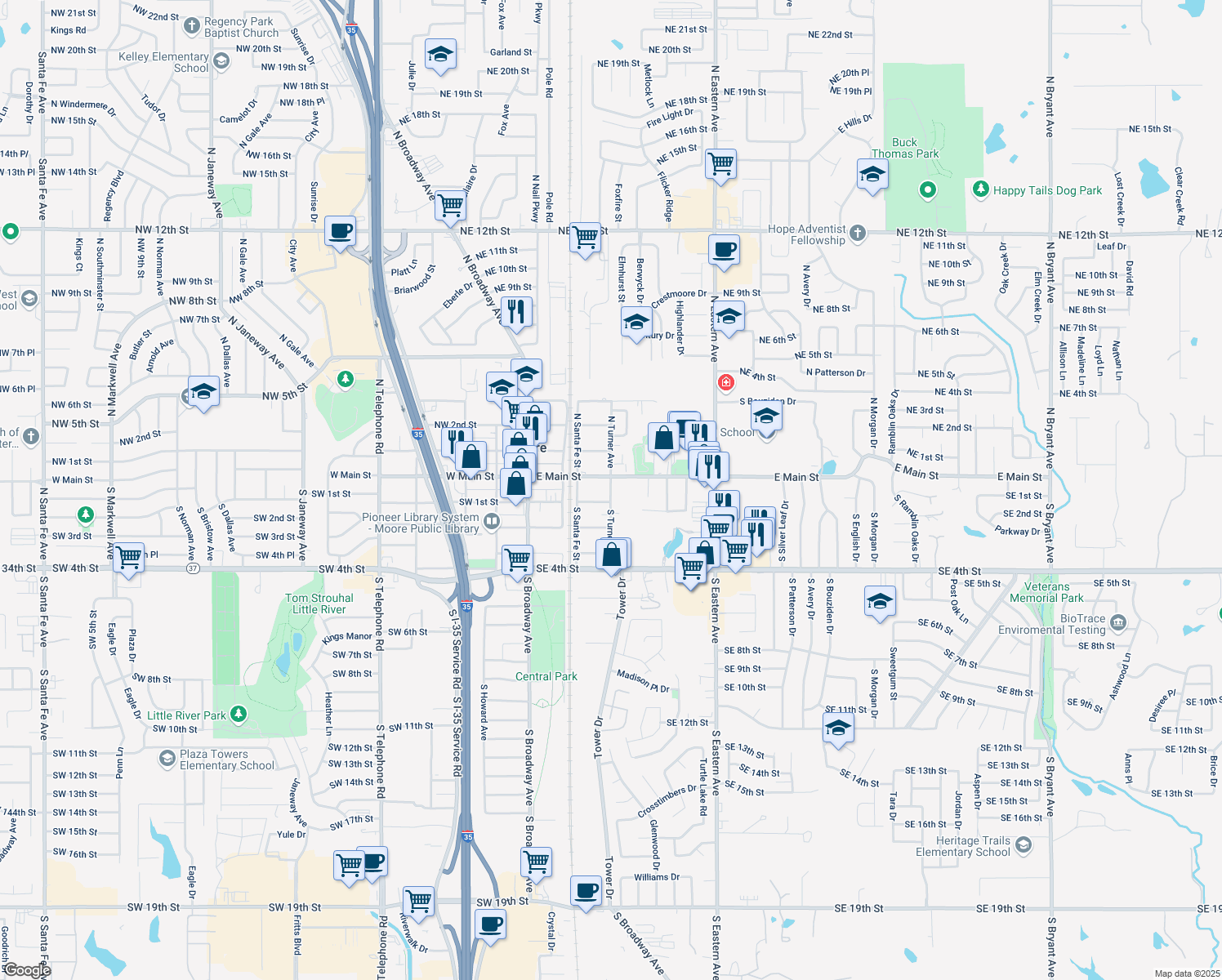 map of restaurants, bars, coffee shops, grocery stores, and more near 206 S Turner Ave in Moore