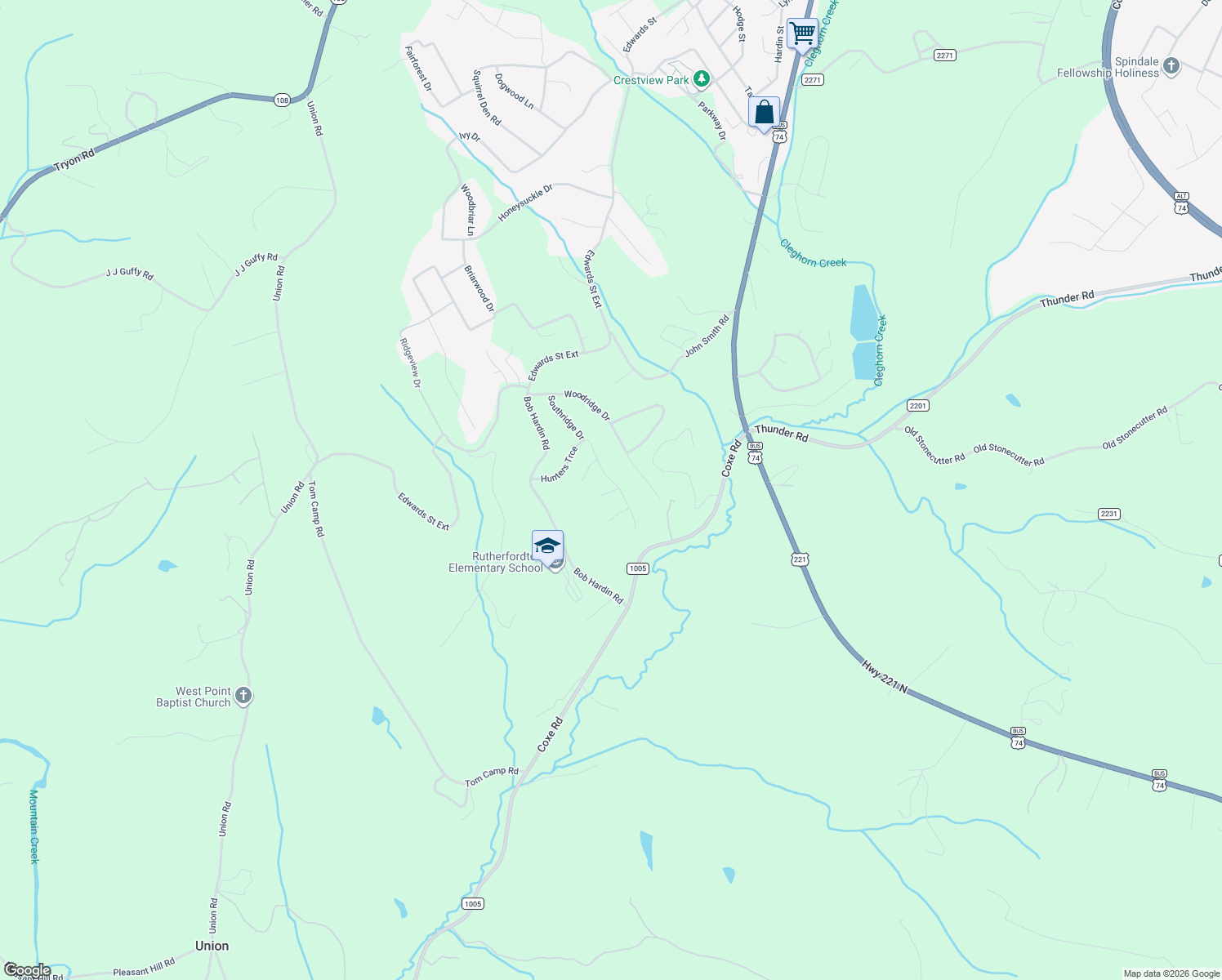 map of restaurants, bars, coffee shops, grocery stores, and more near 255 Hunters Trace in Rutherfordton