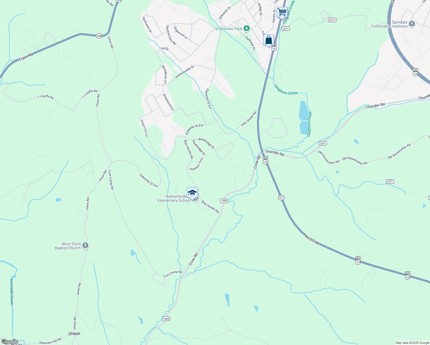 map of restaurants, bars, coffee shops, grocery stores, and more near 255 Hunters Trace in Rutherfordton