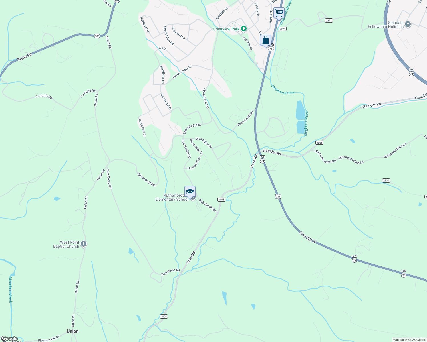 map of restaurants, bars, coffee shops, grocery stores, and more near 255 Hunters Trace in Rutherfordton