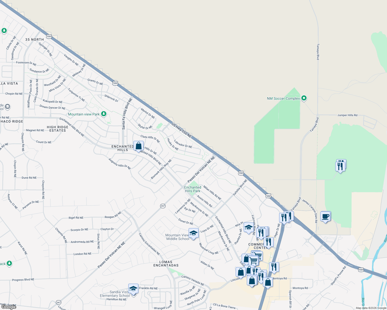 map of restaurants, bars, coffee shops, grocery stores, and more near 7160 Husky Drive Northeast in Rio Rancho