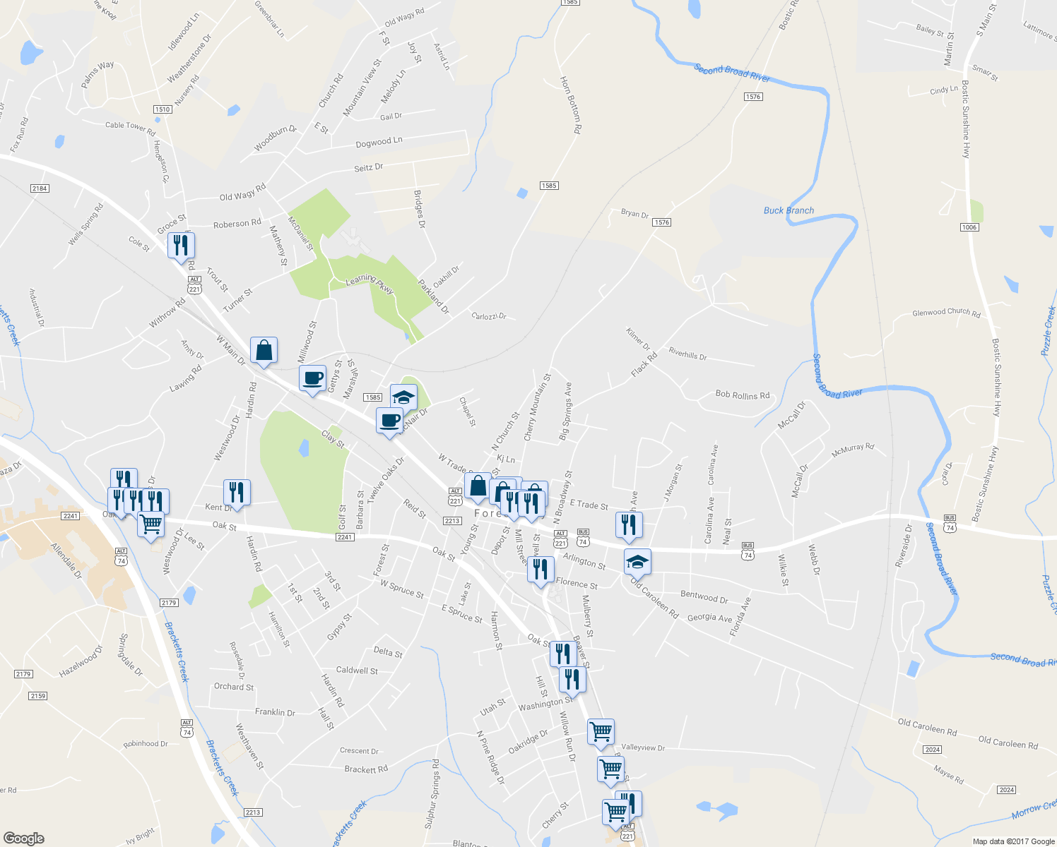 map of restaurants, bars, coffee shops, grocery stores, and more near 269 Cherry Mountain Street in Forest City