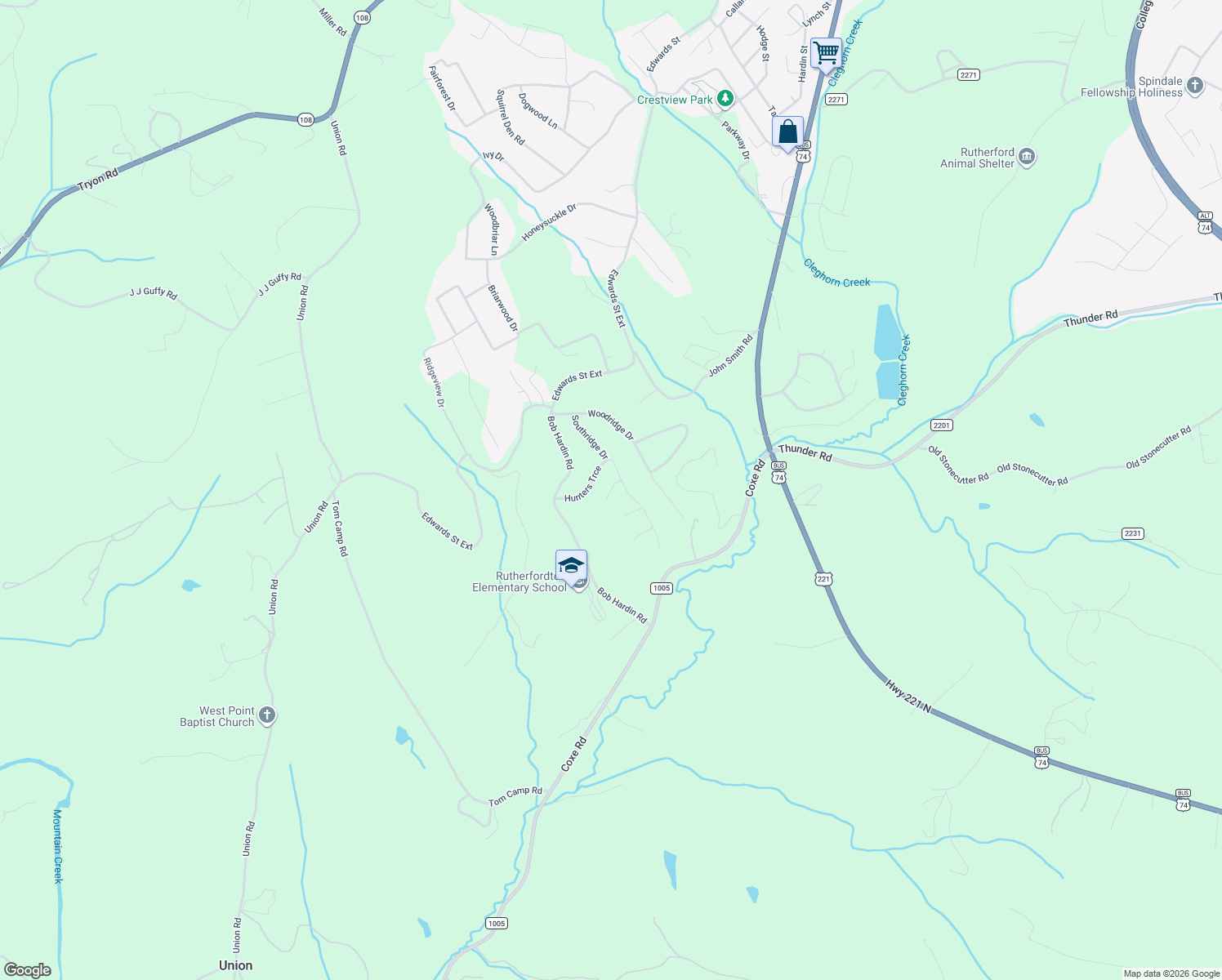 map of restaurants, bars, coffee shops, grocery stores, and more near 255 Hunters Trace in Rutherfordton