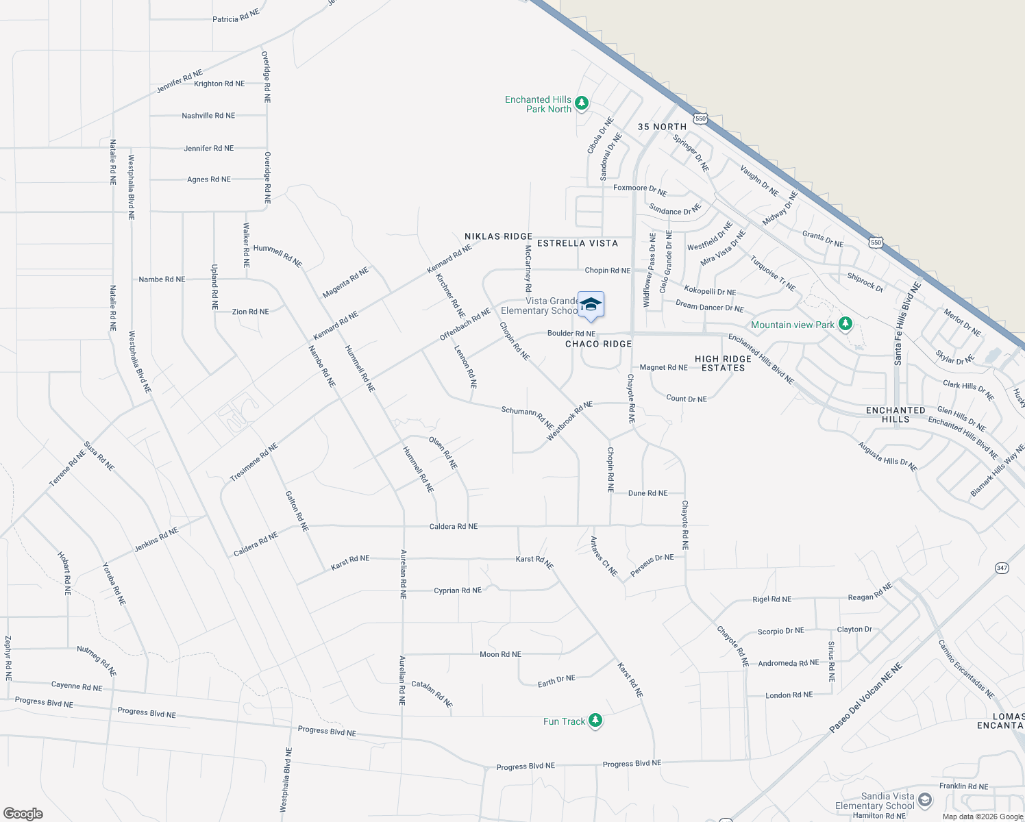 map of restaurants, bars, coffee shops, grocery stores, and more near Schumann Road Northeast in Rio Rancho