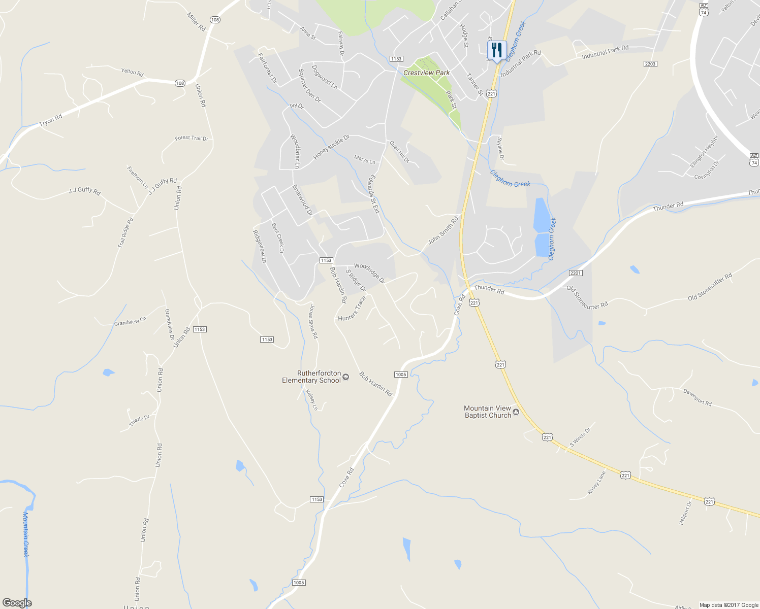 map of restaurants, bars, coffee shops, grocery stores, and more near 255 Hunters Trace in Rutherfordton