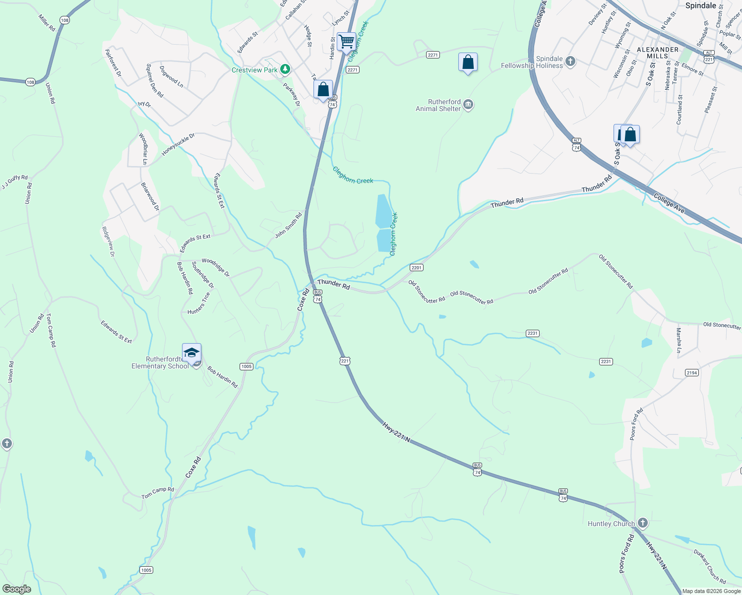 map of restaurants, bars, coffee shops, grocery stores, and more near 238 Thunder Road in Rutherfordton