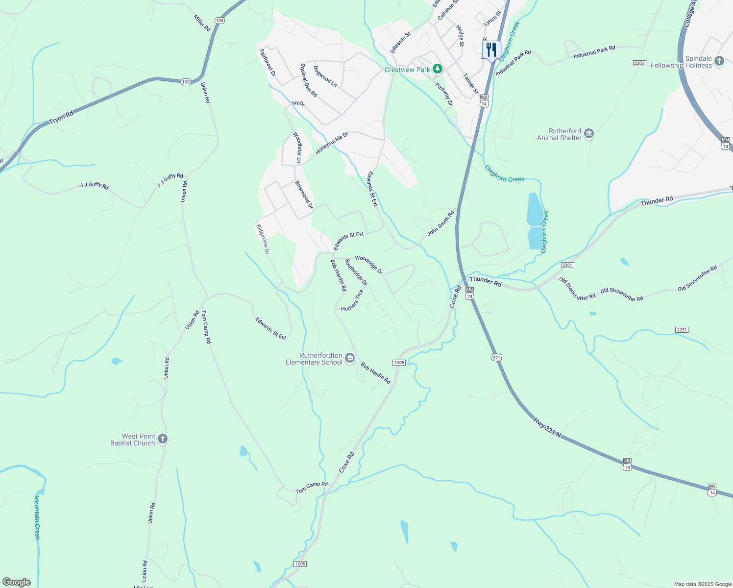 map of restaurants, bars, coffee shops, grocery stores, and more near 197 Hunters Trace in Rutherfordton