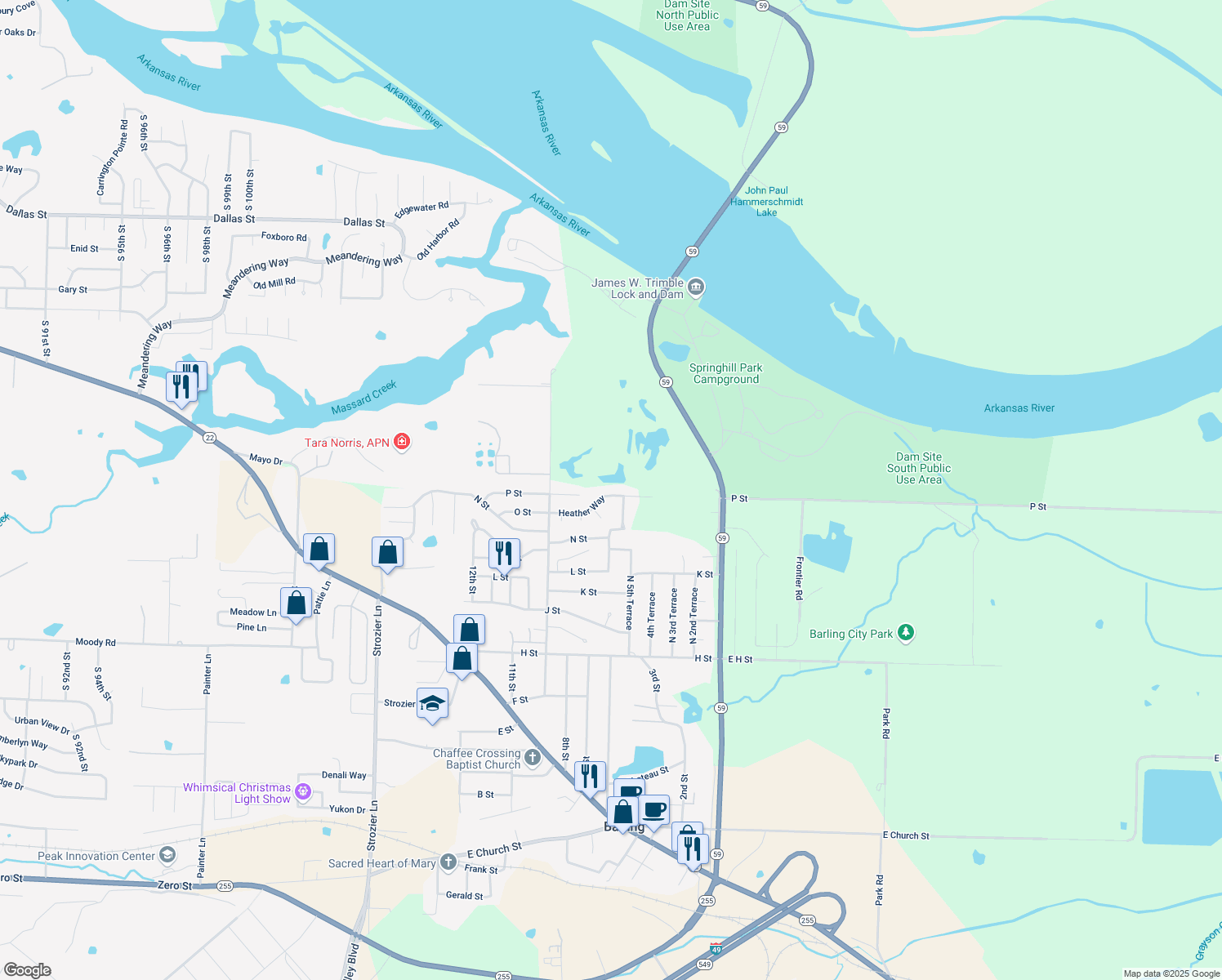 map of restaurants, bars, coffee shops, grocery stores, and more near 600 Heather Way in Barling