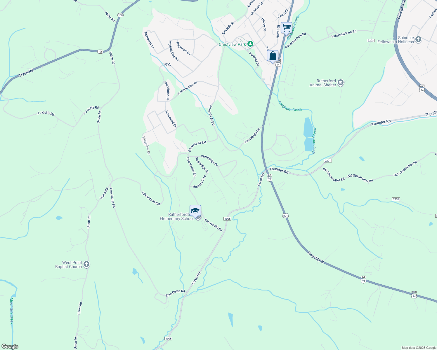 map of restaurants, bars, coffee shops, grocery stores, and more near 274 Woodridge Drive in Rutherfordton