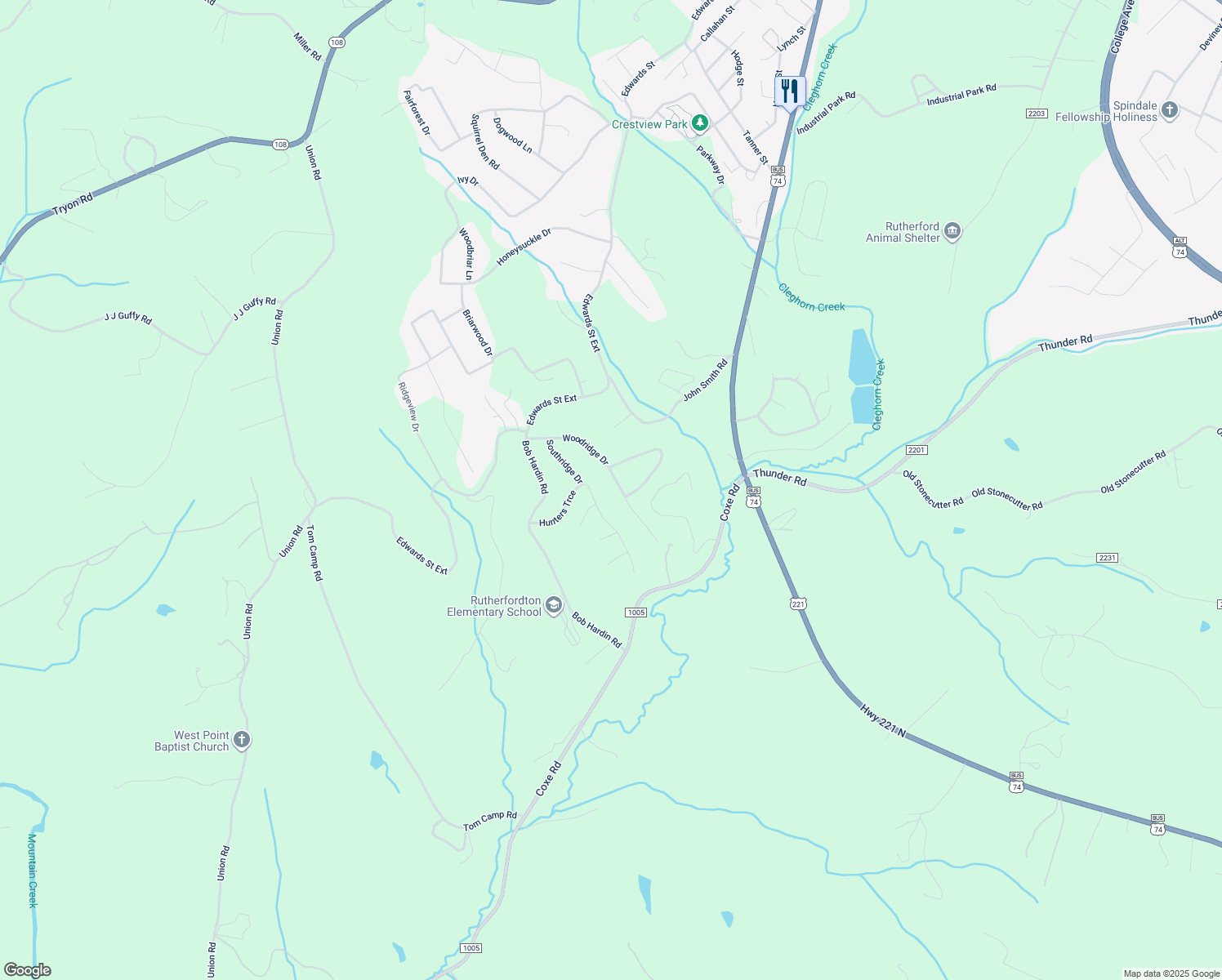 map of restaurants, bars, coffee shops, grocery stores, and more near 274 Woodridge Drive in Rutherfordton