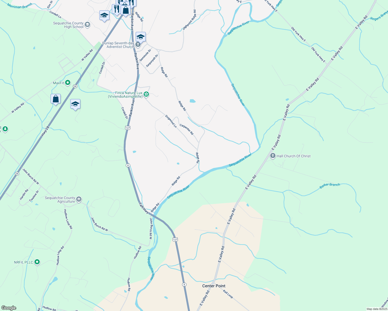 map of restaurants, bars, coffee shops, grocery stores, and more near 19 Dogwood Lane in Dunlap