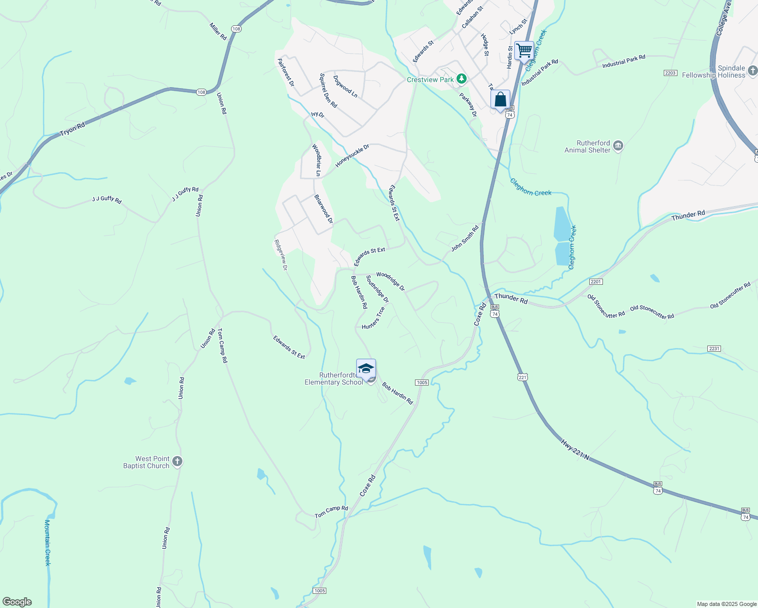 map of restaurants, bars, coffee shops, grocery stores, and more near 197 Hunters Trace in Rutherfordton