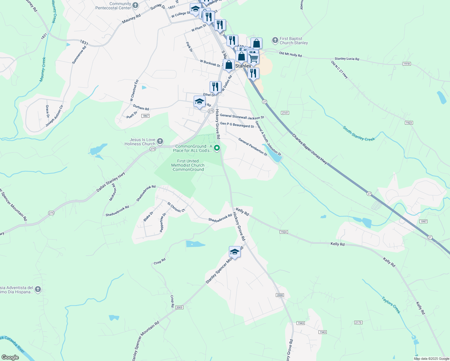 map of restaurants, bars, coffee shops, grocery stores, and more near 5419 Hickory Grove Rd in Stanley