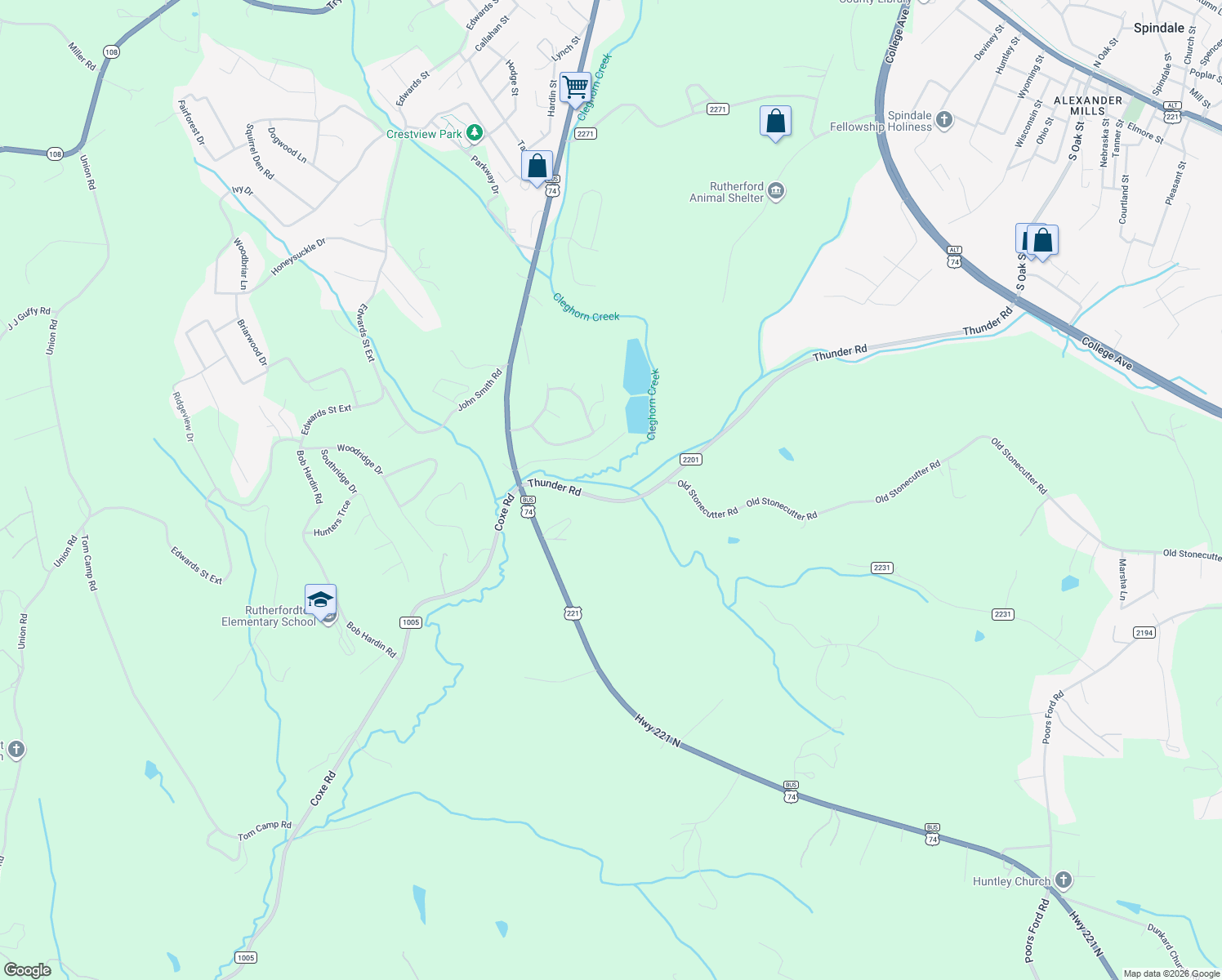 map of restaurants, bars, coffee shops, grocery stores, and more near 238 Thunder Road in Rutherfordton