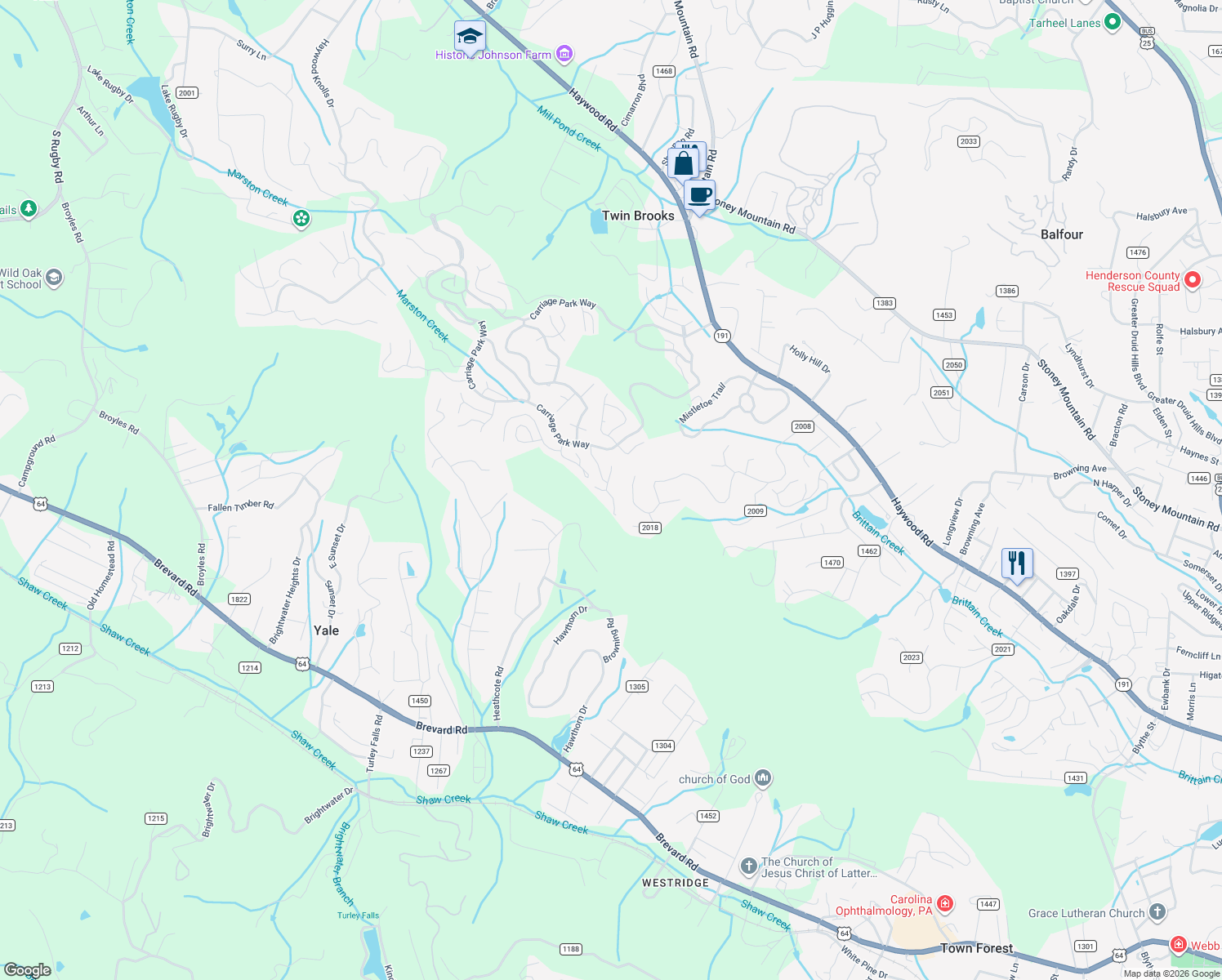map of restaurants, bars, coffee shops, grocery stores, and more near 305 East High Point Lane in Hendersonville