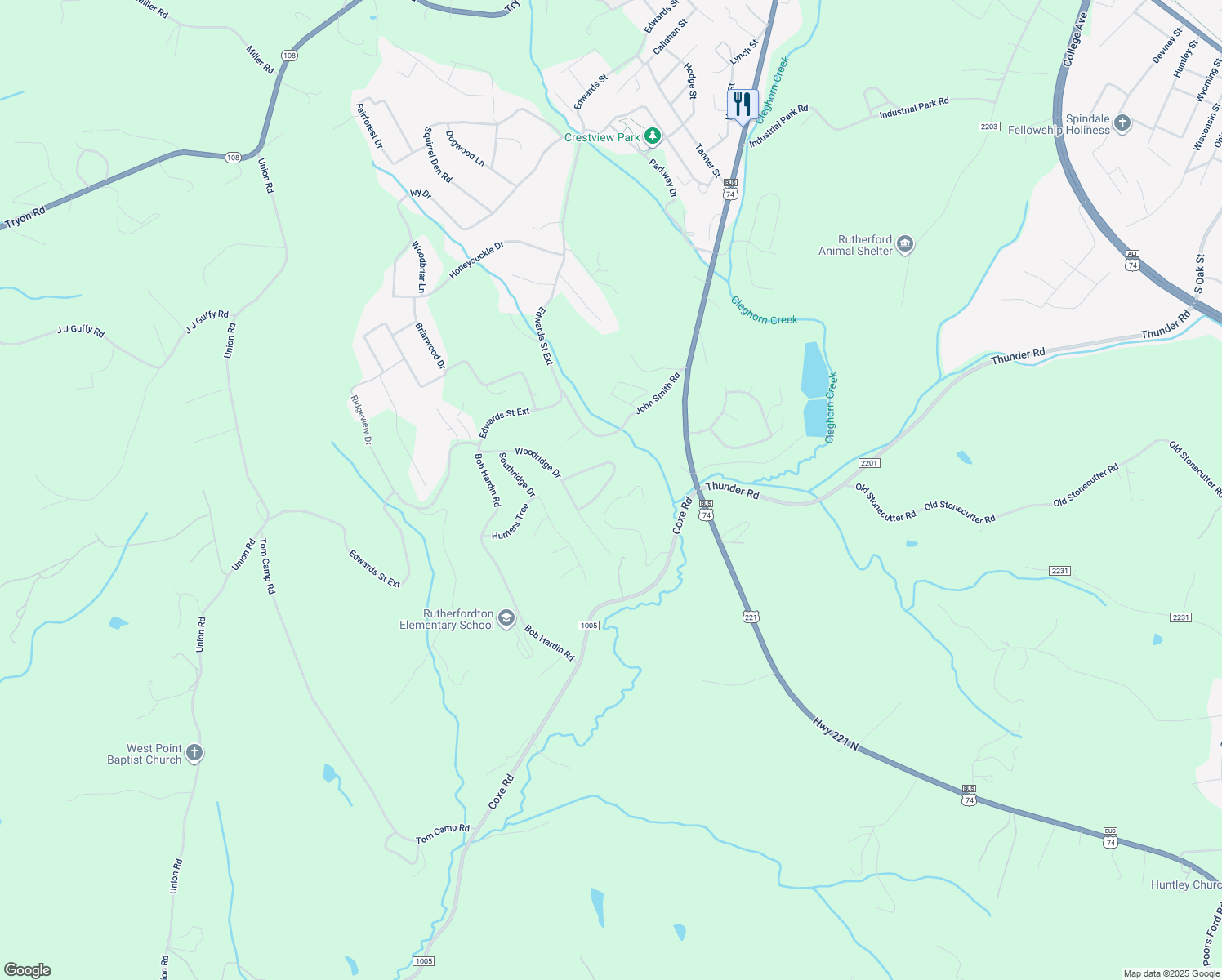 map of restaurants, bars, coffee shops, grocery stores, and more near 227 Beechtree Circle in Rutherfordton