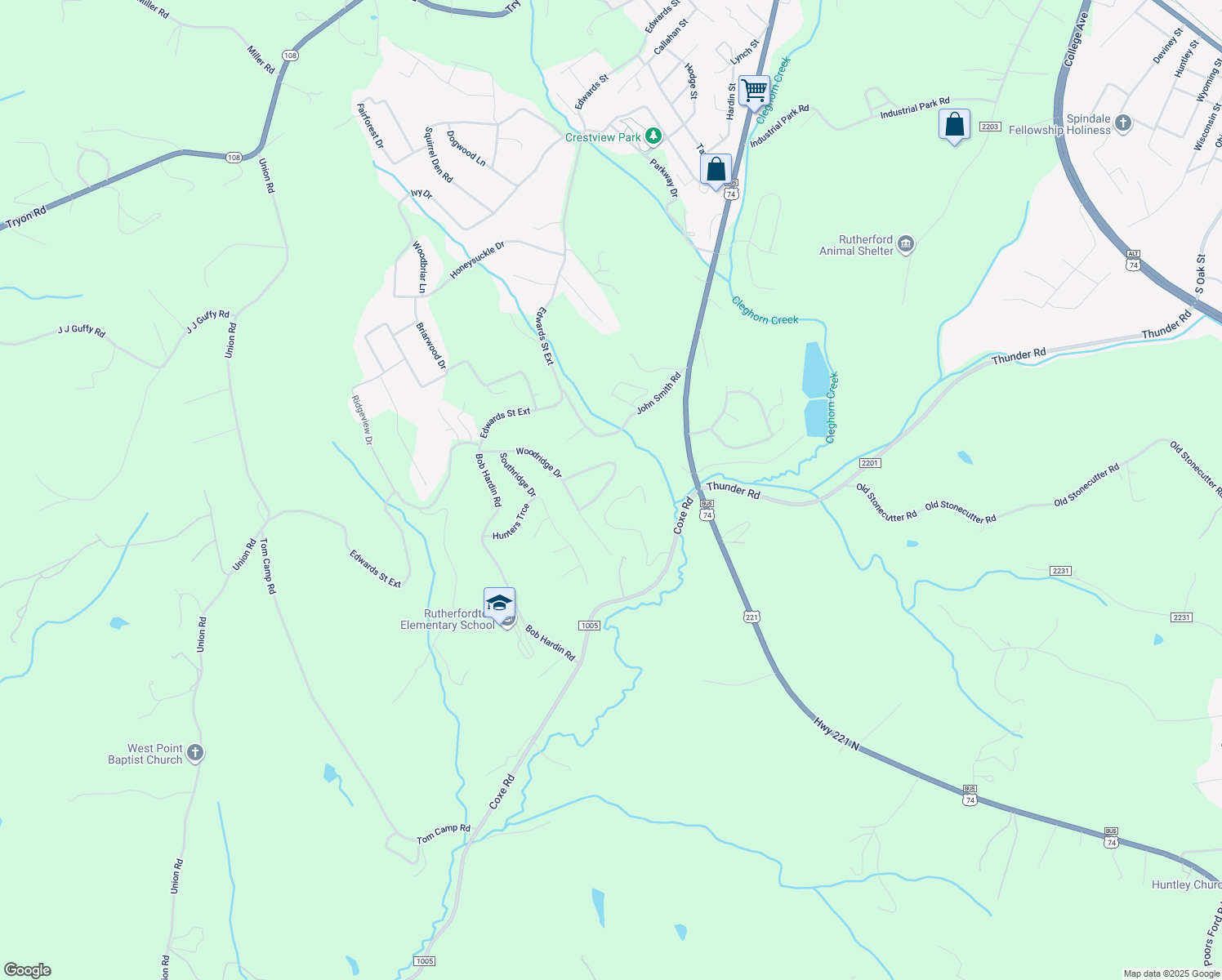 map of restaurants, bars, coffee shops, grocery stores, and more near 227 Beechtree Circle in Rutherfordton