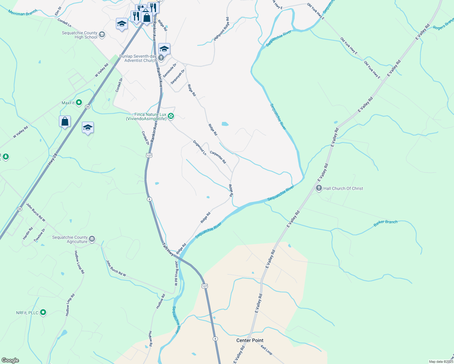 map of restaurants, bars, coffee shops, grocery stores, and more near 19 Dogwood Lane in Dunlap