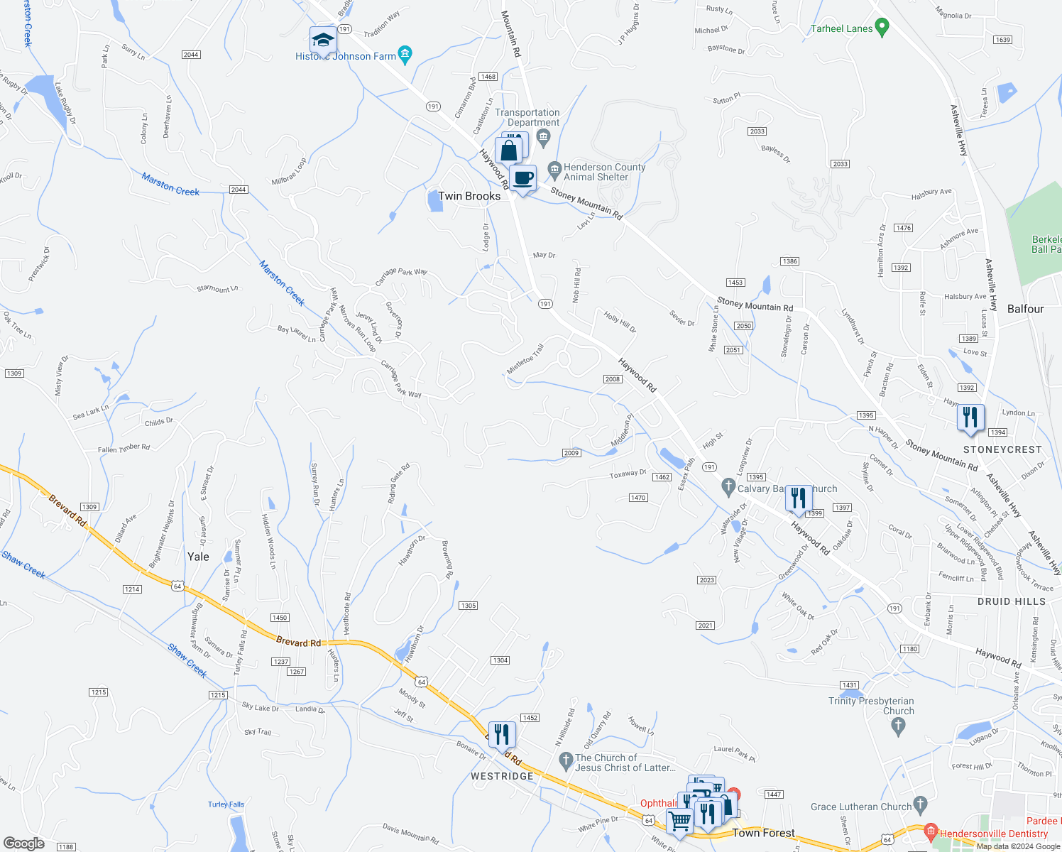 map of restaurants, bars, coffee shops, grocery stores, and more near 159 Long John Drive in Hendersonville
