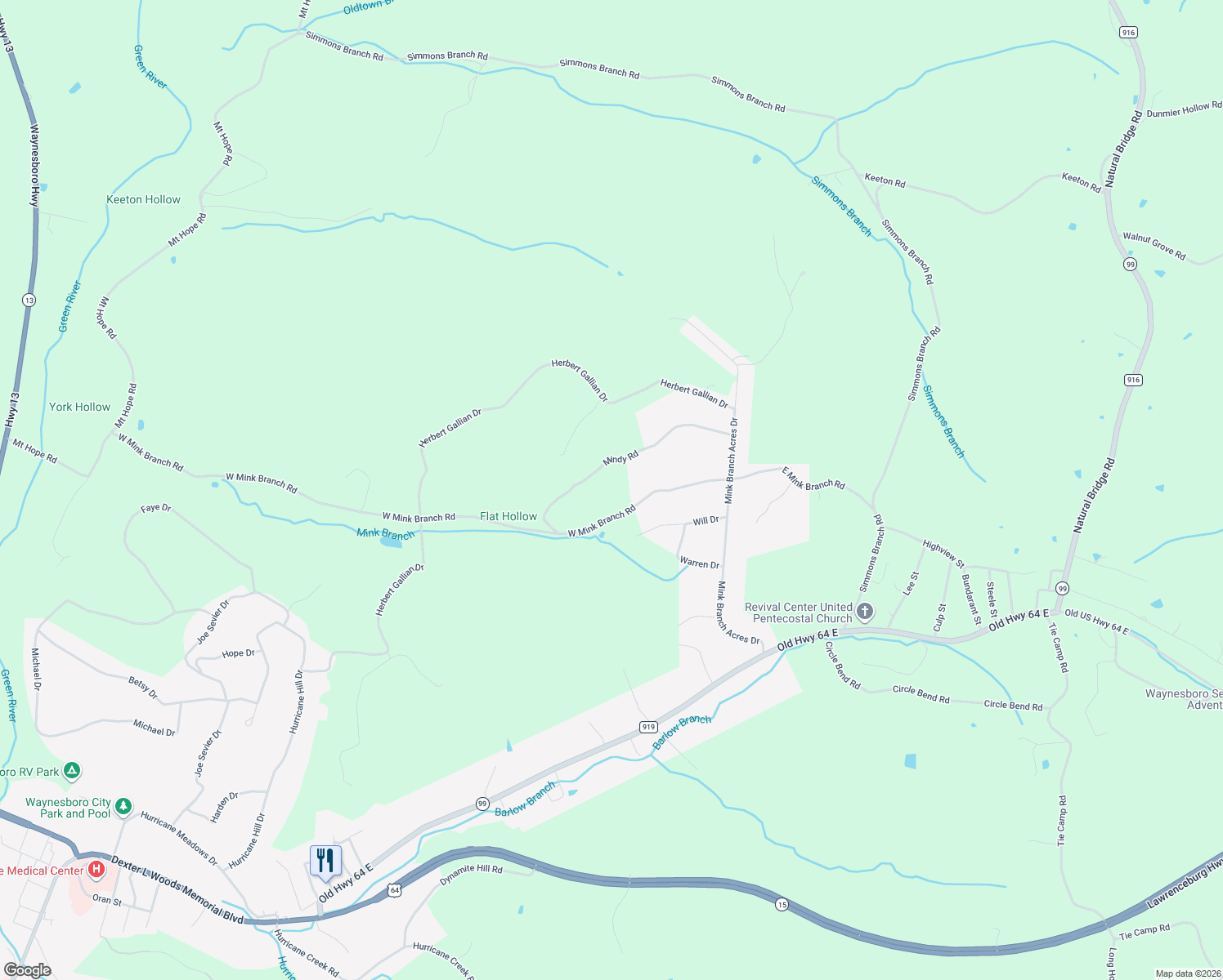 map of restaurants, bars, coffee shops, grocery stores, and more near 1135 West Mink Branch Road in Waynesboro