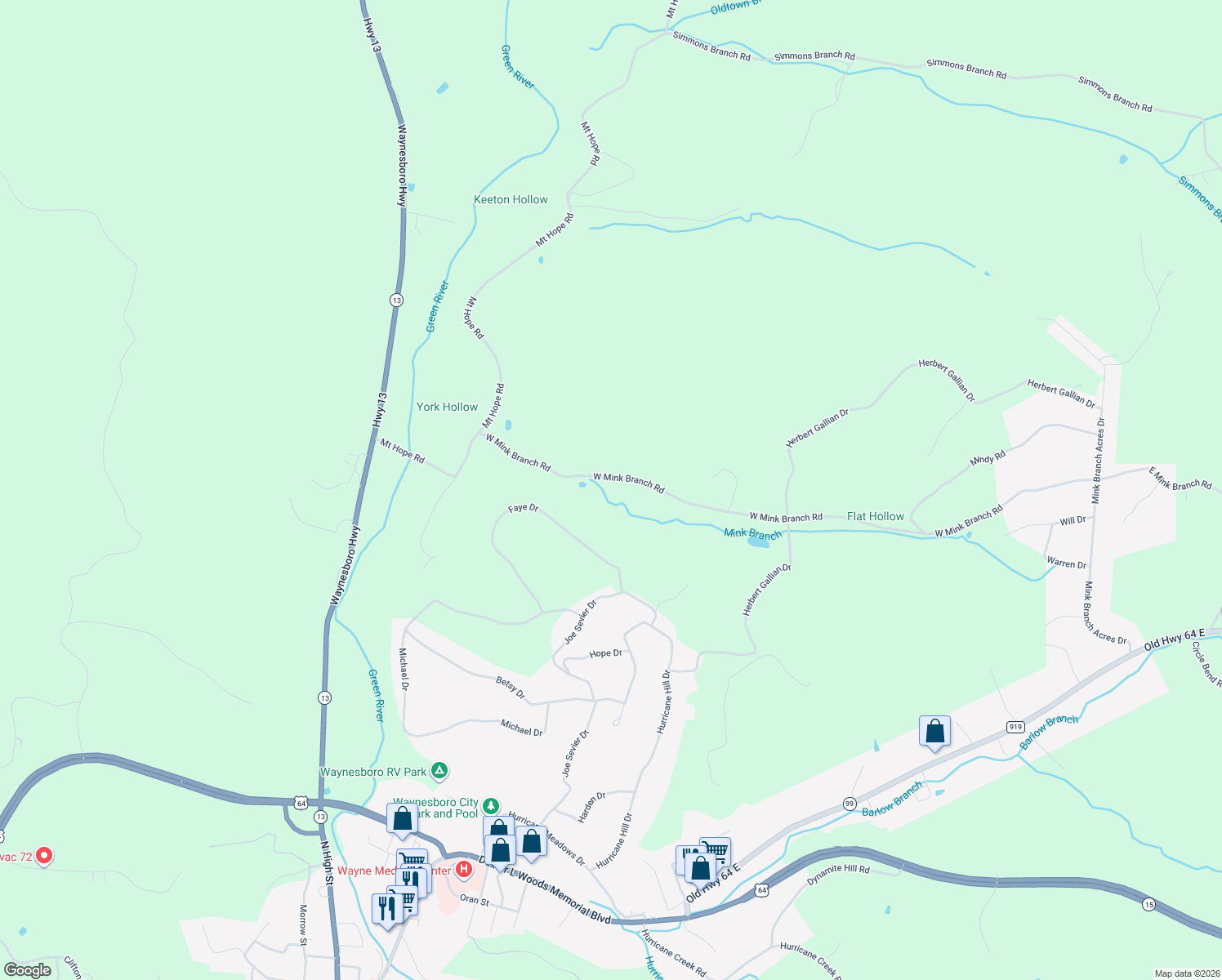map of restaurants, bars, coffee shops, grocery stores, and more near 772 West Mink Branch Road in Waynesboro
