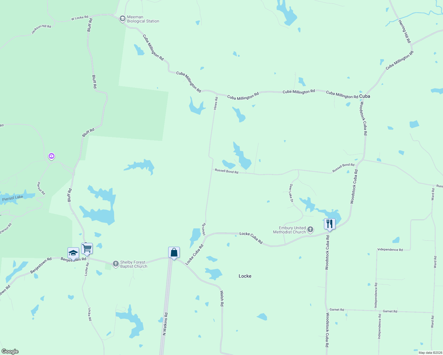 map of restaurants, bars, coffee shops, grocery stores, and more near 1669 Russell Bond Road in Millington