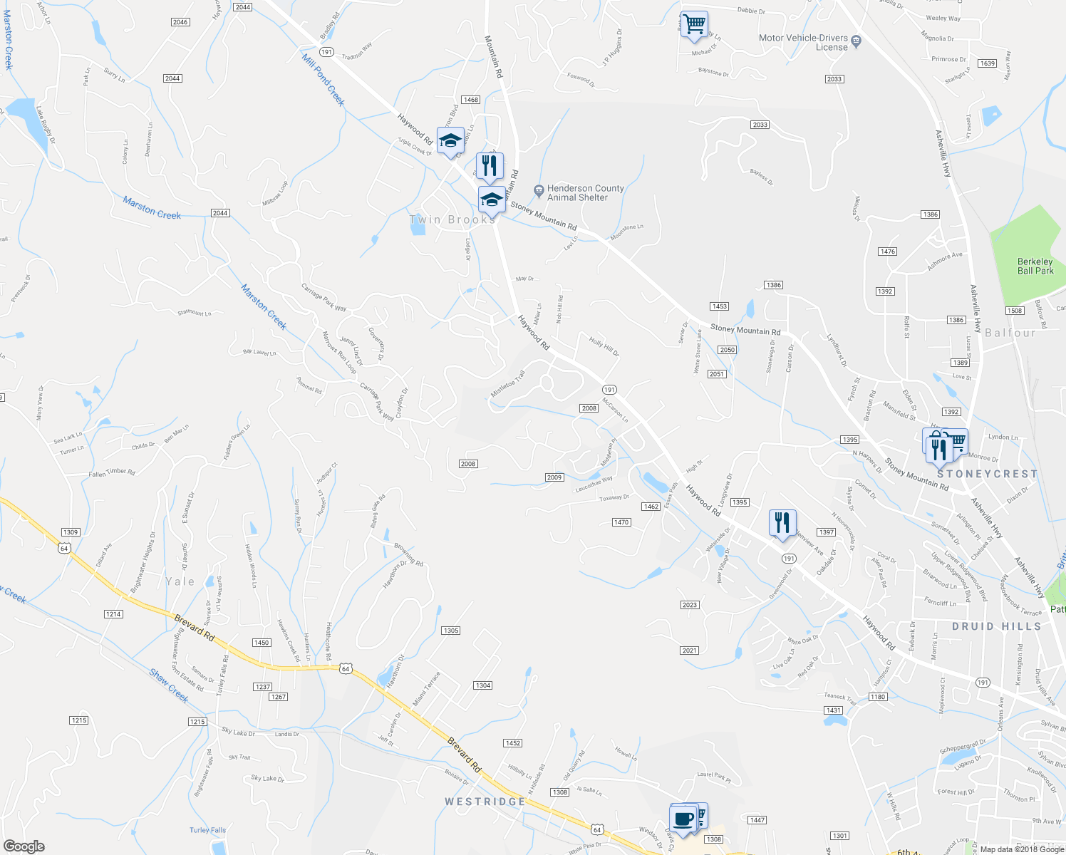 map of restaurants, bars, coffee shops, grocery stores, and more near 24 Peachtree Lane in Hendersonville