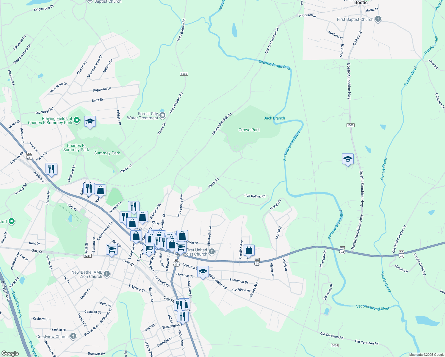 map of restaurants, bars, coffee shops, grocery stores, and more near 306 Flack Road in Forest City